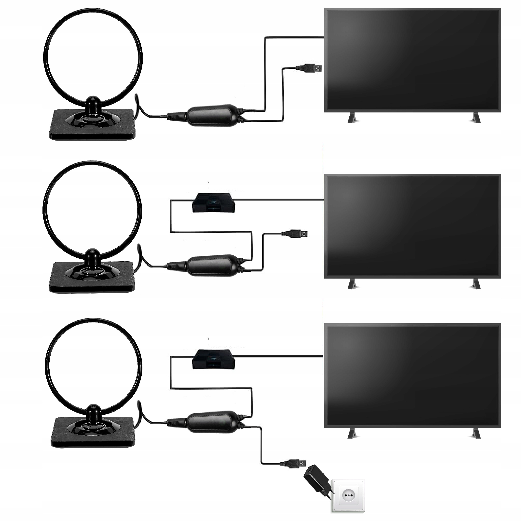 Trzy czarno-białe schematy pokazujące anteny podłączone do telewizorów.