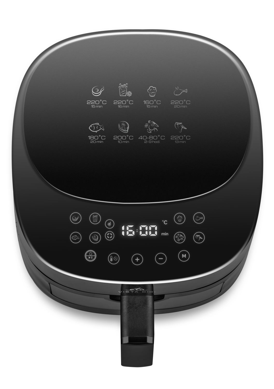 Czarna frytkownica beztłuszczowa z ekranem dotykowym pokazującym 16:00.