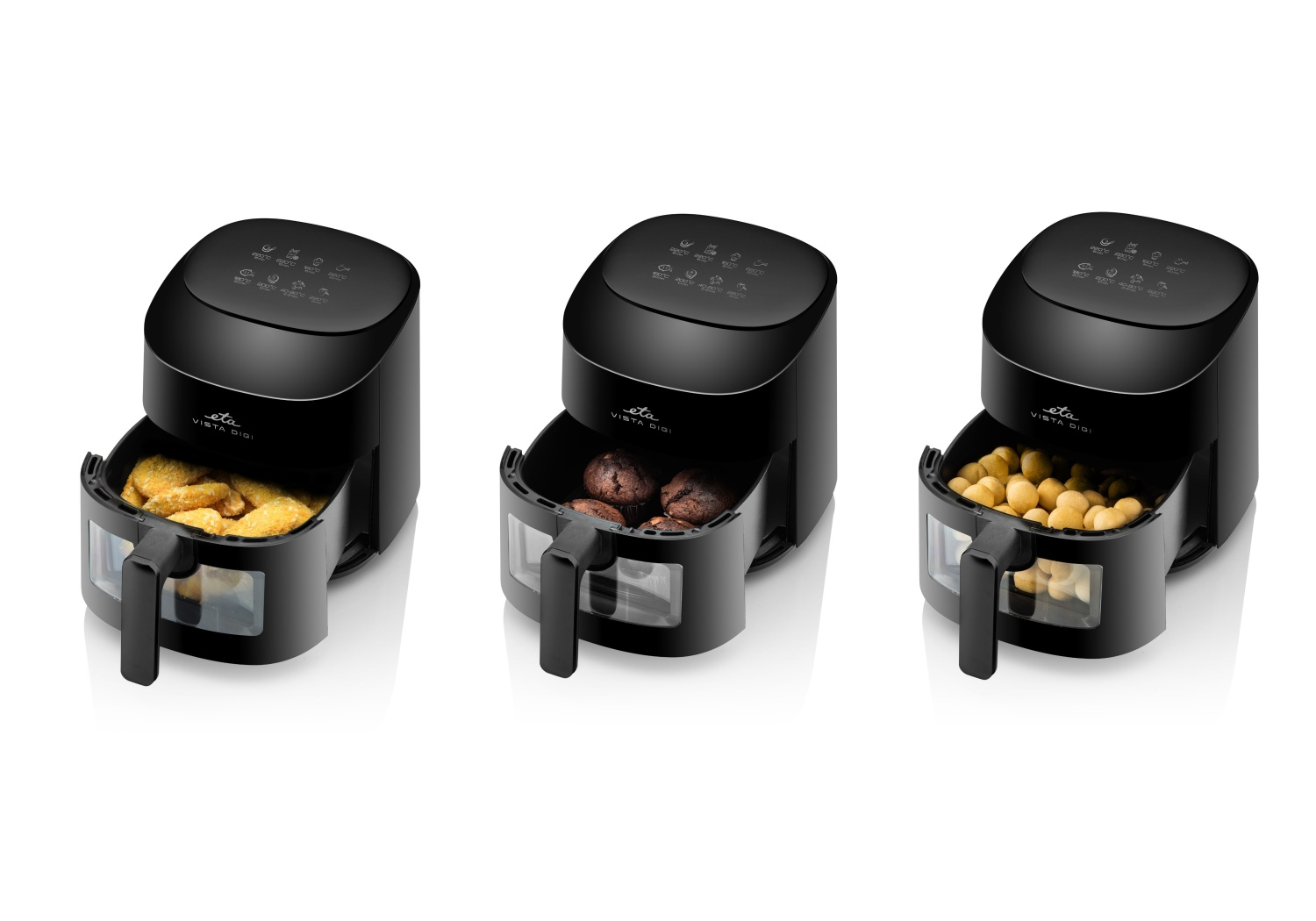 Trzy czarne frytkownice beztłuszczowe z różnymi potrawami w koszach.