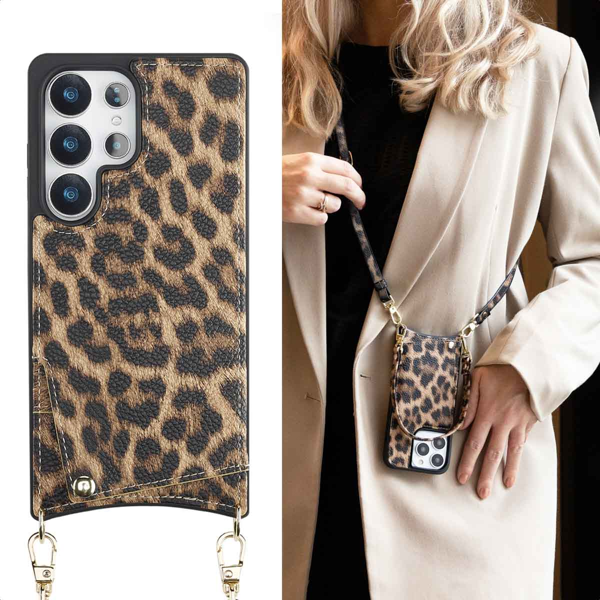 Custodia per telefono con stampa leopardata e tracolla indossata da una donna in blazer beige.