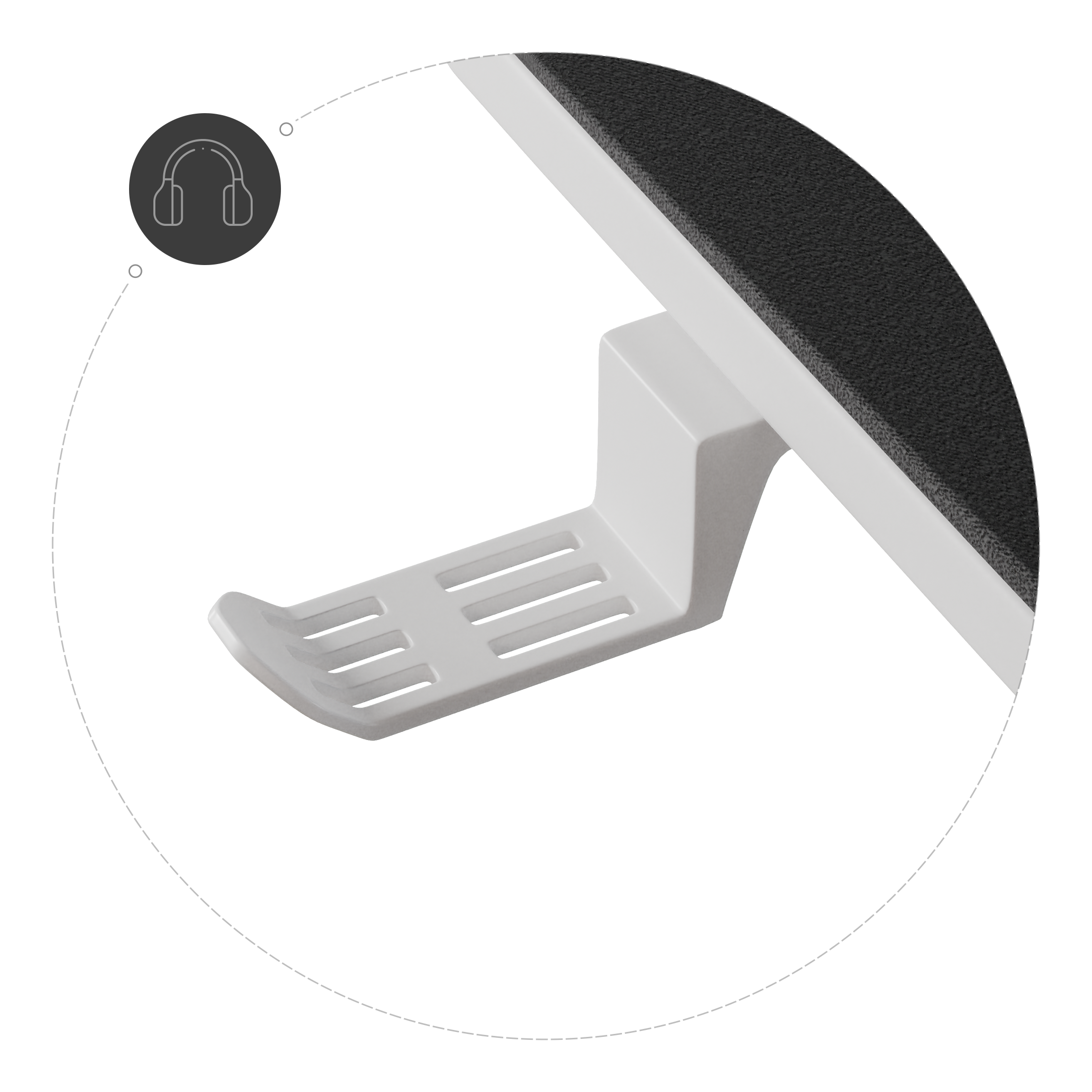 Biały uchwyt na słuchawki z otworami, zamocowany do czarnej powierzchni.