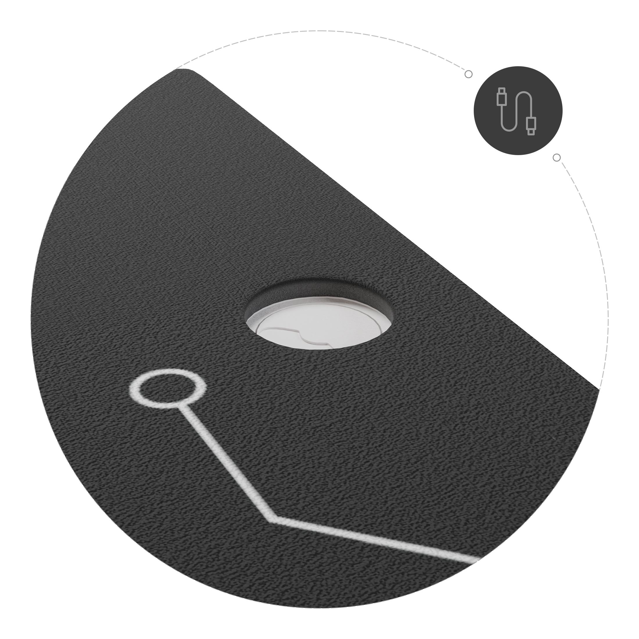 Szara powierzchnia z otworem i białą linią. Ikona kabla.