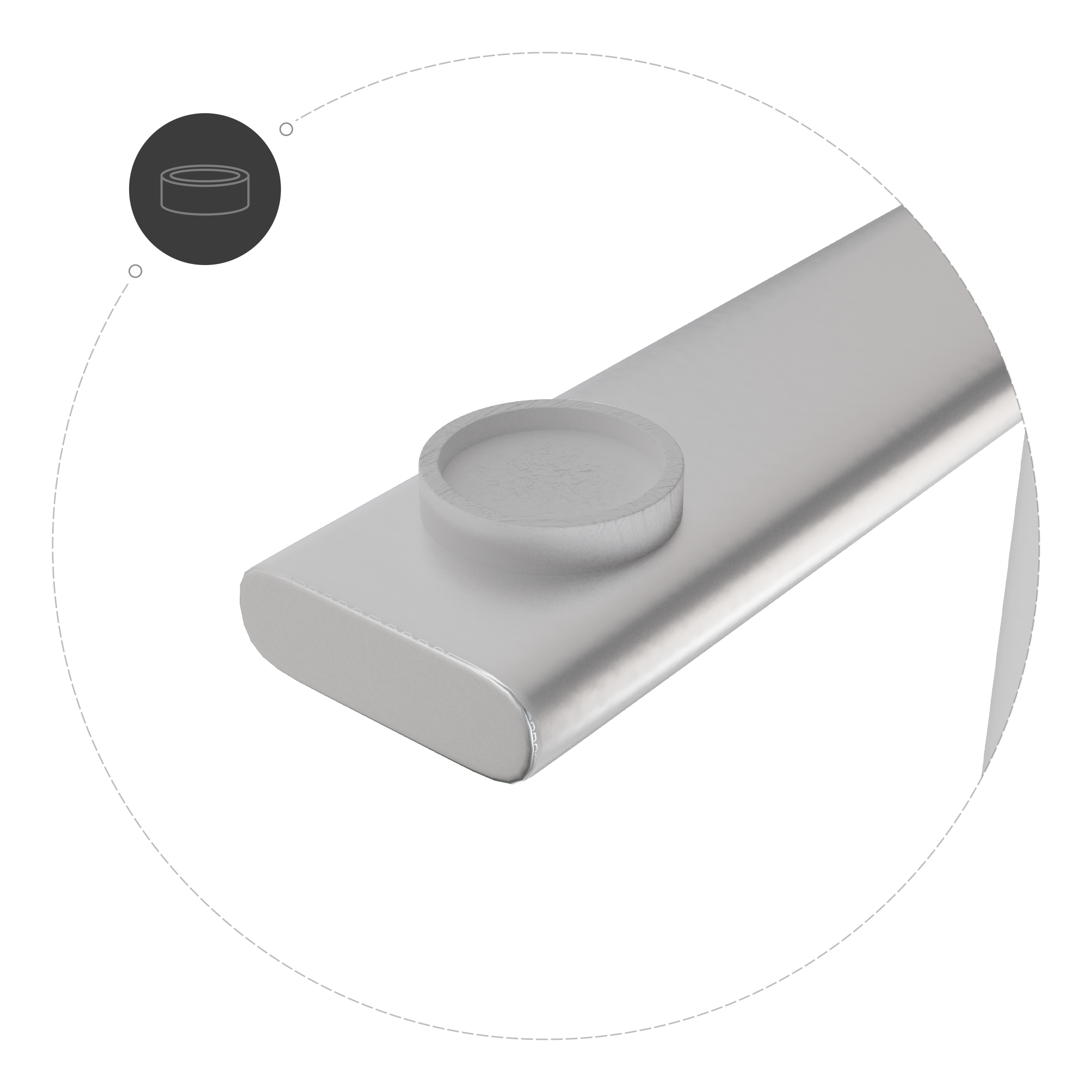 Srebrny przedmiot z okrągłym pojemnikiem na górze, z obrysem przerywanym.