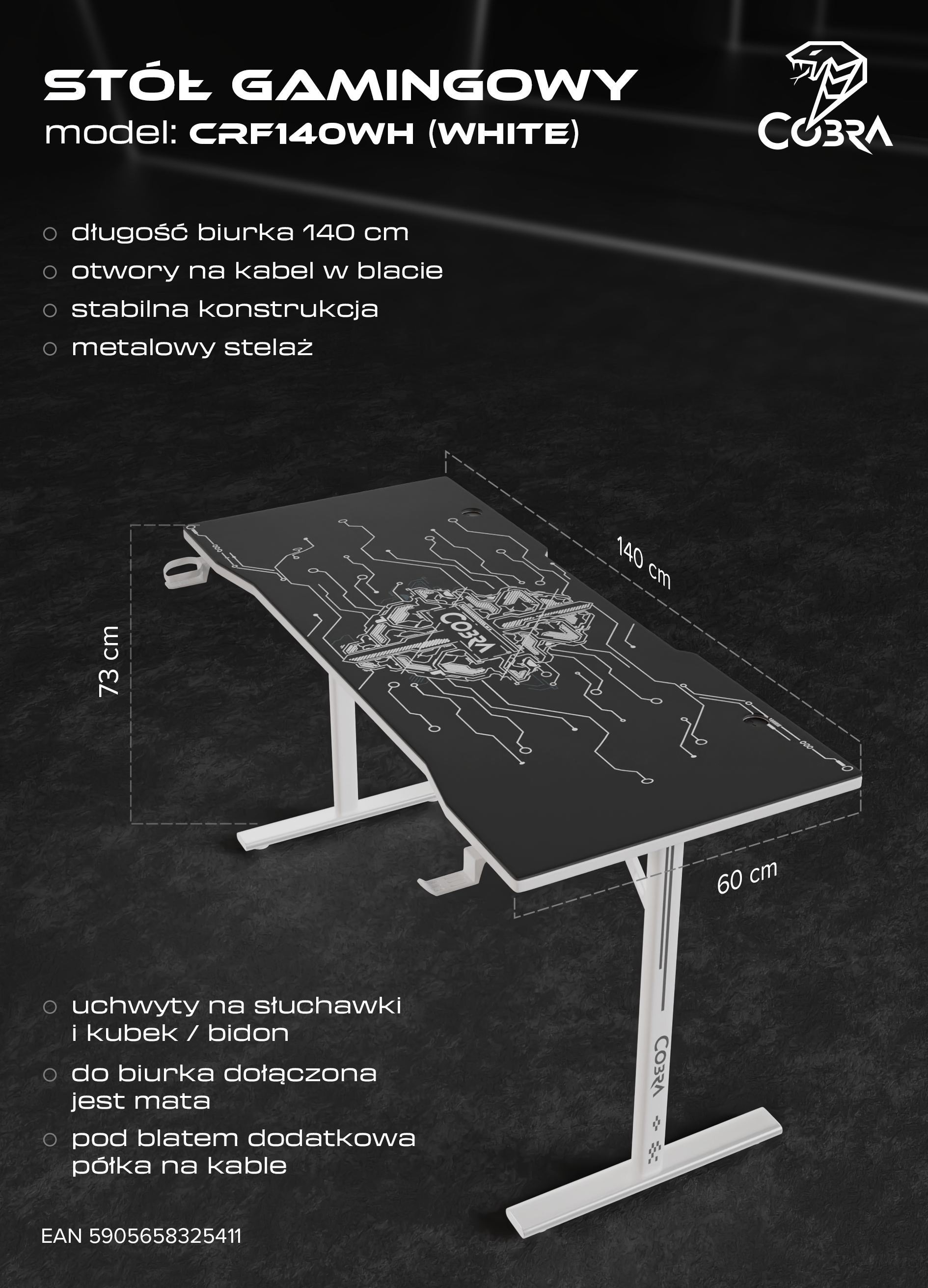 Białe biurko gamingowe z czarnym blatem i wzorem obwodu drukowanego. Wymiary 140x60x73 cm.