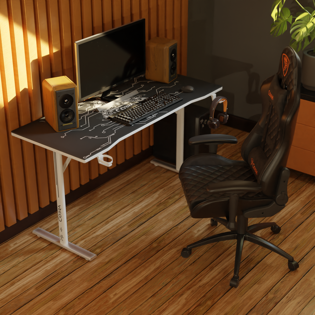 Zestaw gamingowy z czarnym biurkiem, monitorem, klawiaturą, słuchawkami i krzesłem.