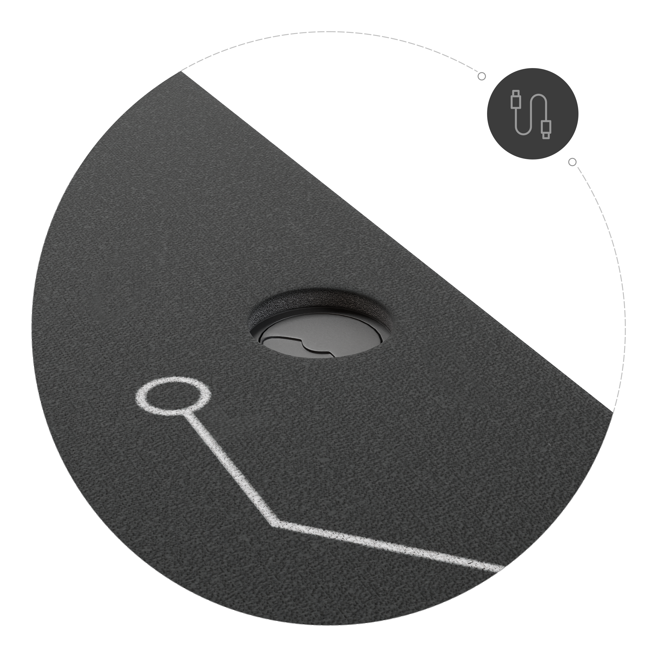 Szare biurko z okrągłym przepustem kablowym i białym graficznym wzorem.