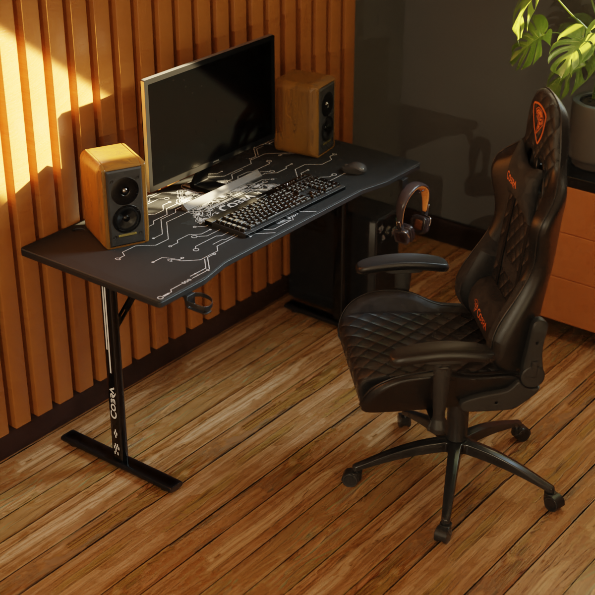 Biurko gamingowe z monitorem, klawiaturą, głośnikami i krzesłem.