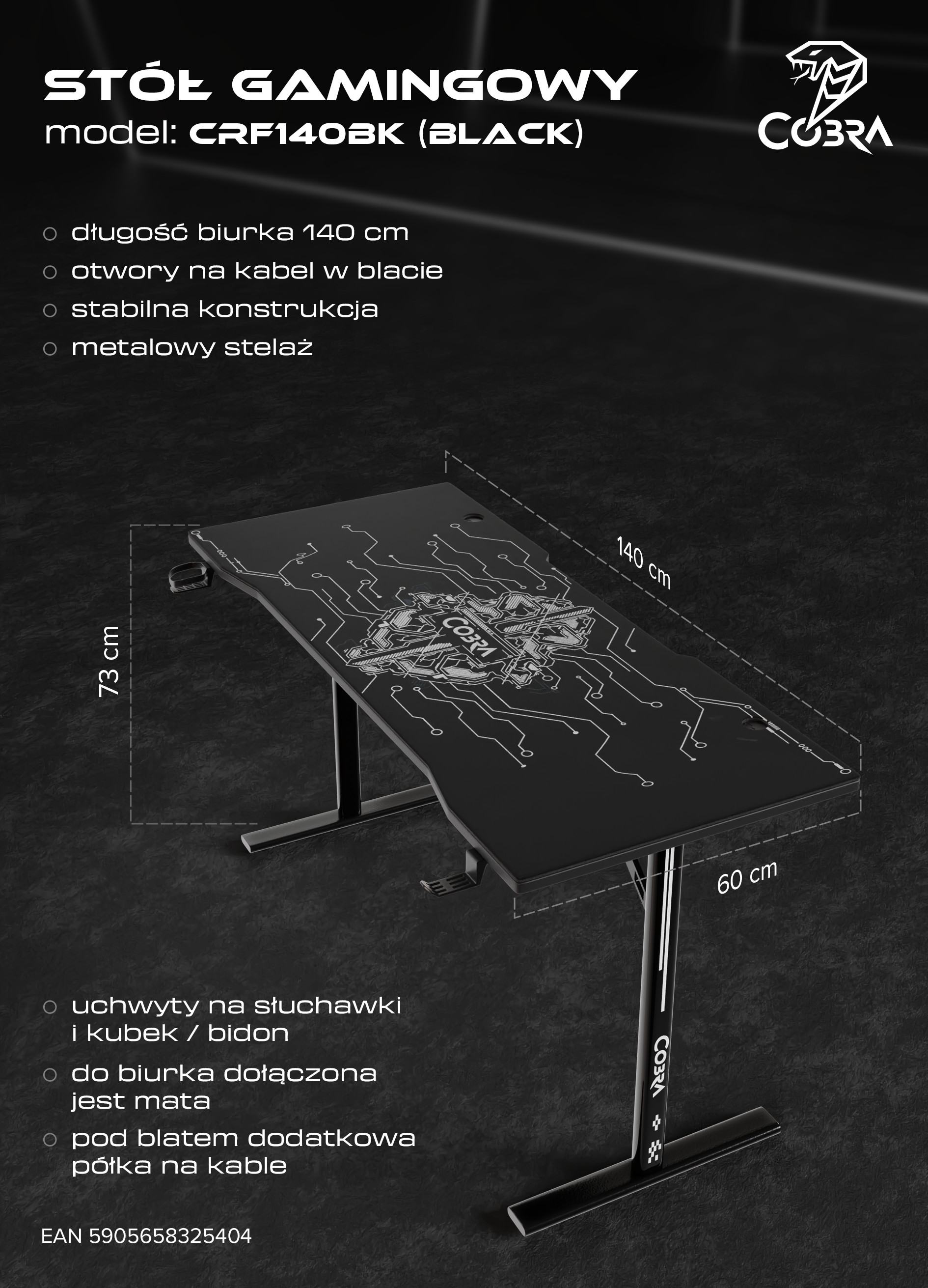 Czarny stół gamingowy z motywem płytki drukowanej. Wymiary 140x60x73cm.