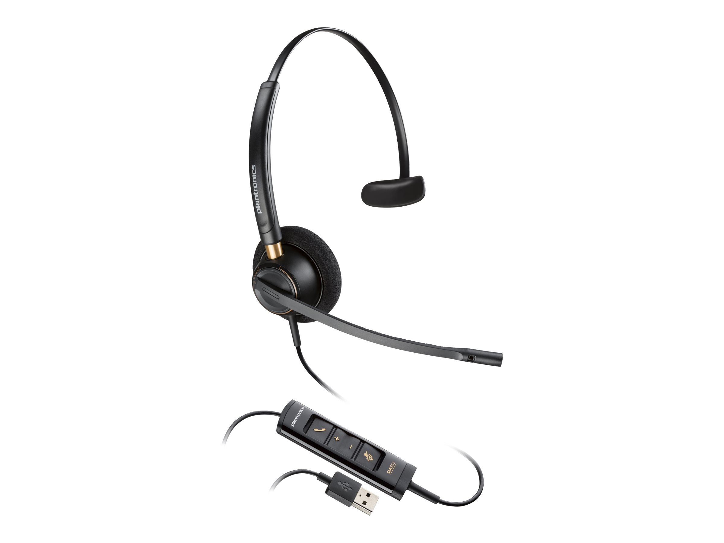 Cuffie Plantronics nere con microfono e connettore USB.