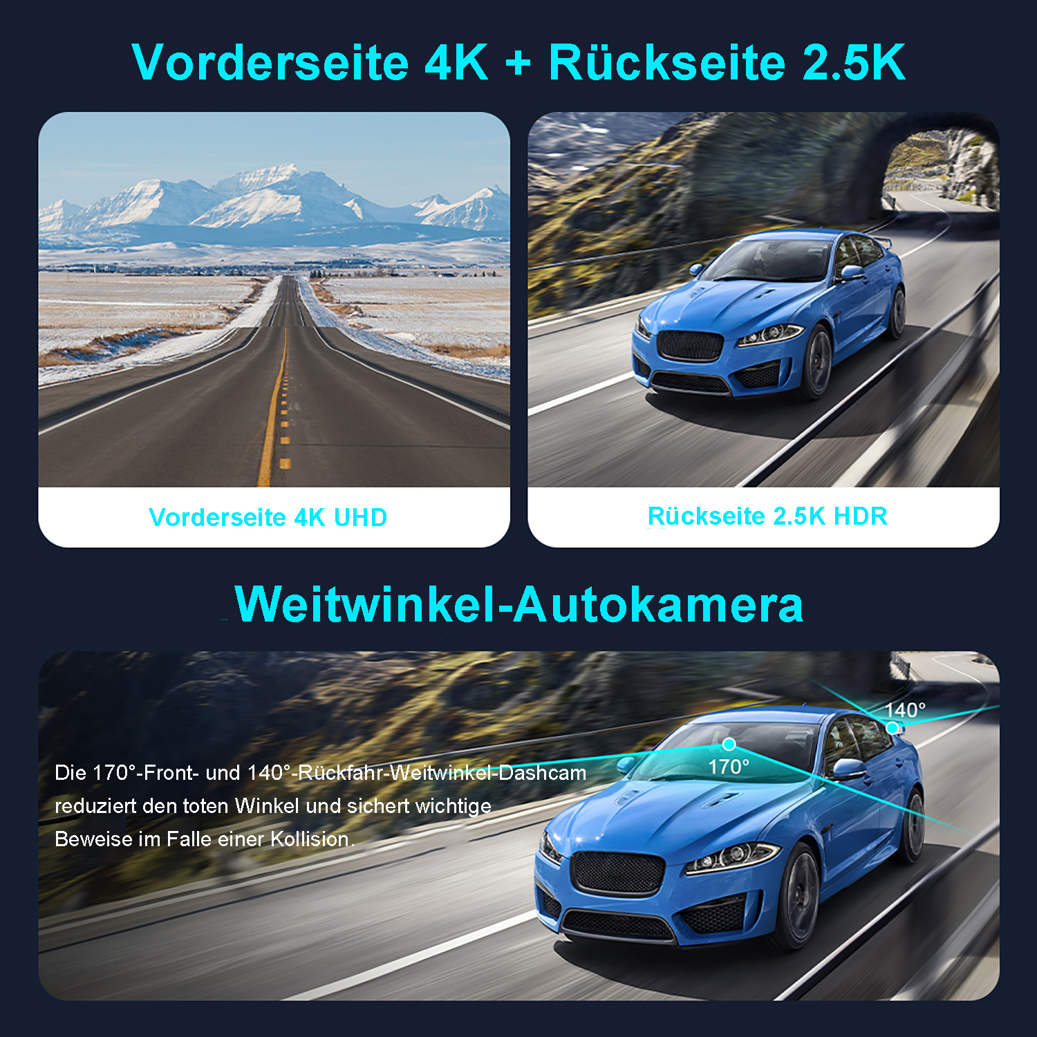 Autokamera mit 4K Front und 2.5K Rückseite, blaue Autos, Berglandschaft.