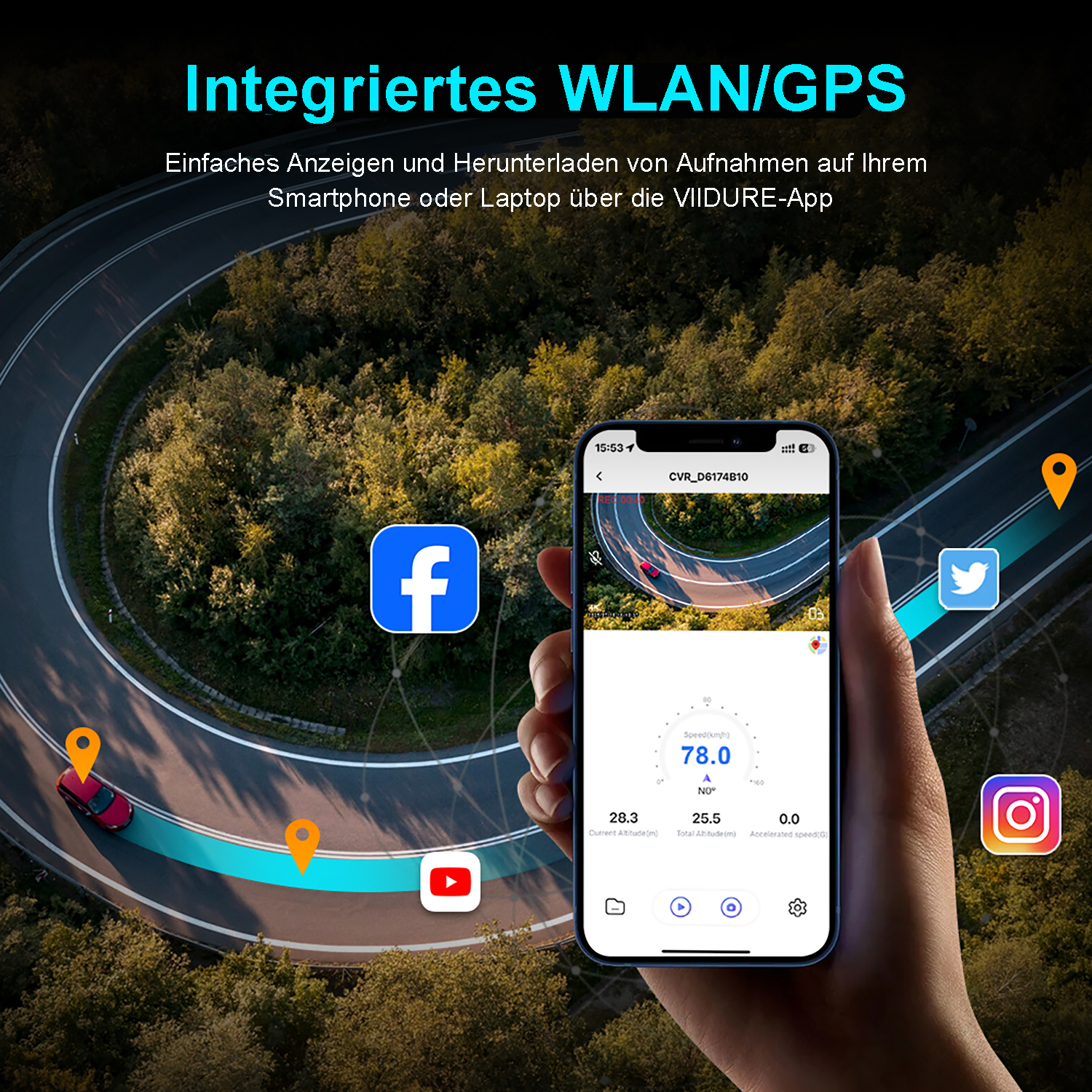Eine Hand hält ein Smartphone mit einer App, die Geschwindigkeit und Höhe anzeigt. Hintergrund: Straße.