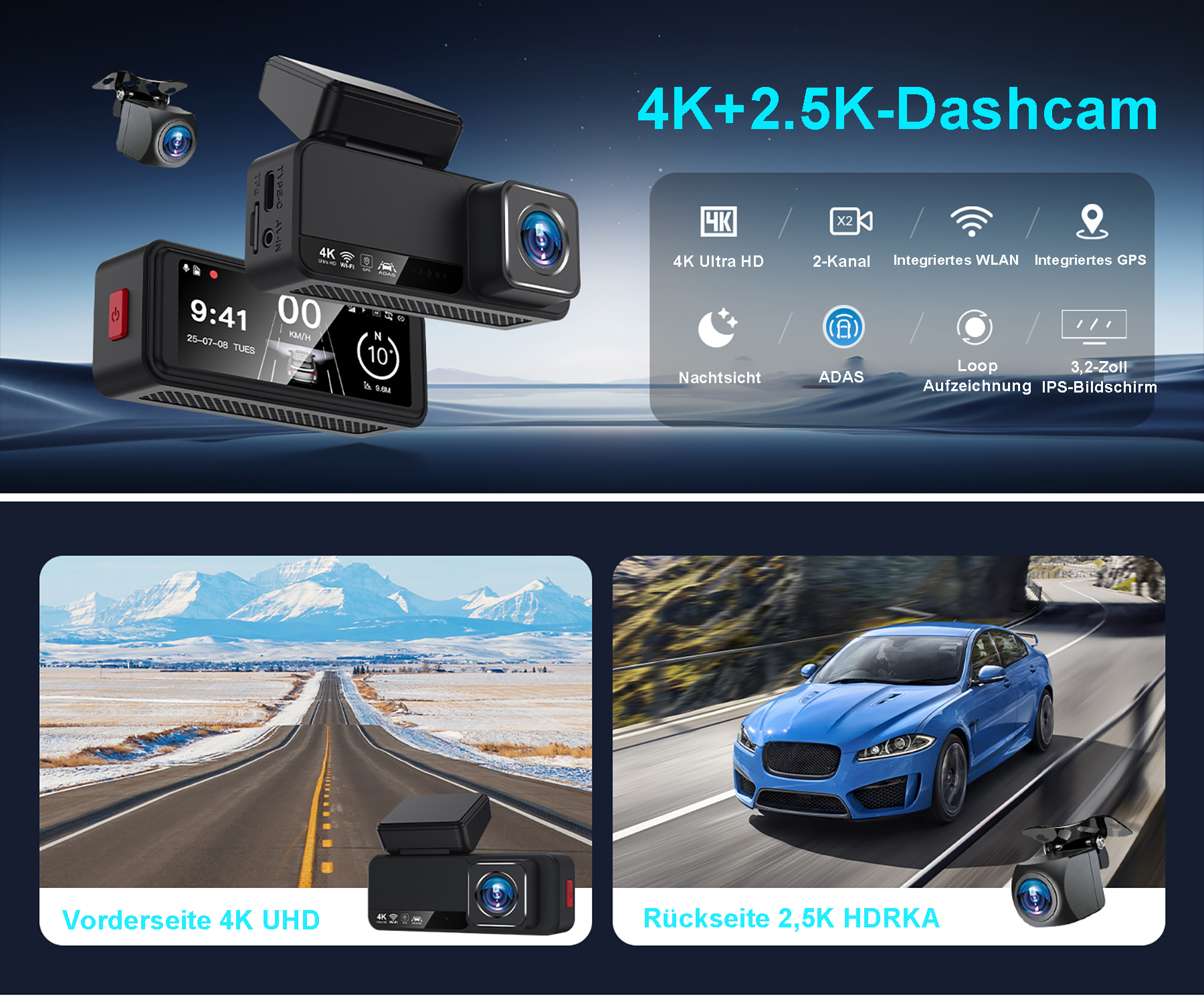 Dashcams: Front 4K, Rückseite 2,5K, Nachtsicht, GPS, WLAN. Straße mit Bergen und Auto.