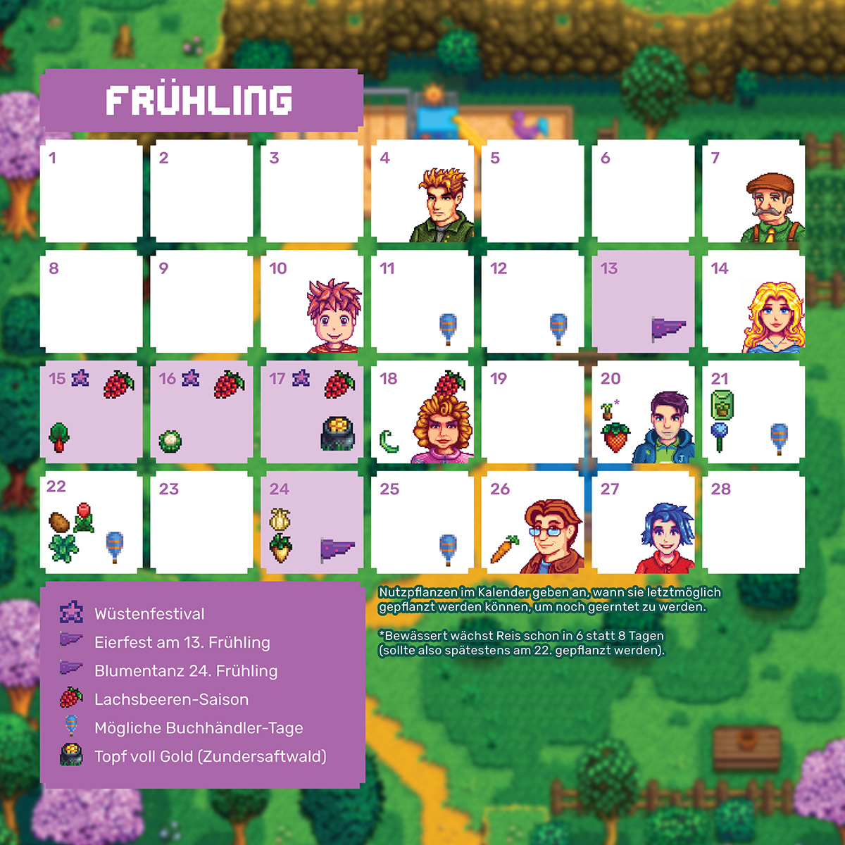 Frühlingskalender mit Tagen, Charakteren und Symbolen, die Ereignisse anzeigen.