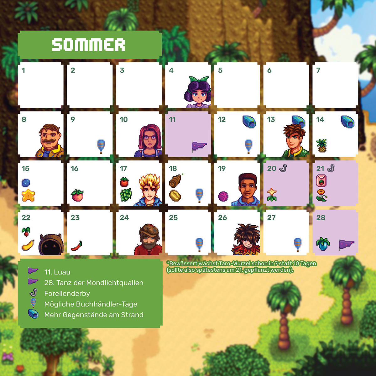 Sommer-Kalender mit Pixel-Art-Charakteren und Symbolen. Tage mit Ereignissen sind markiert.
