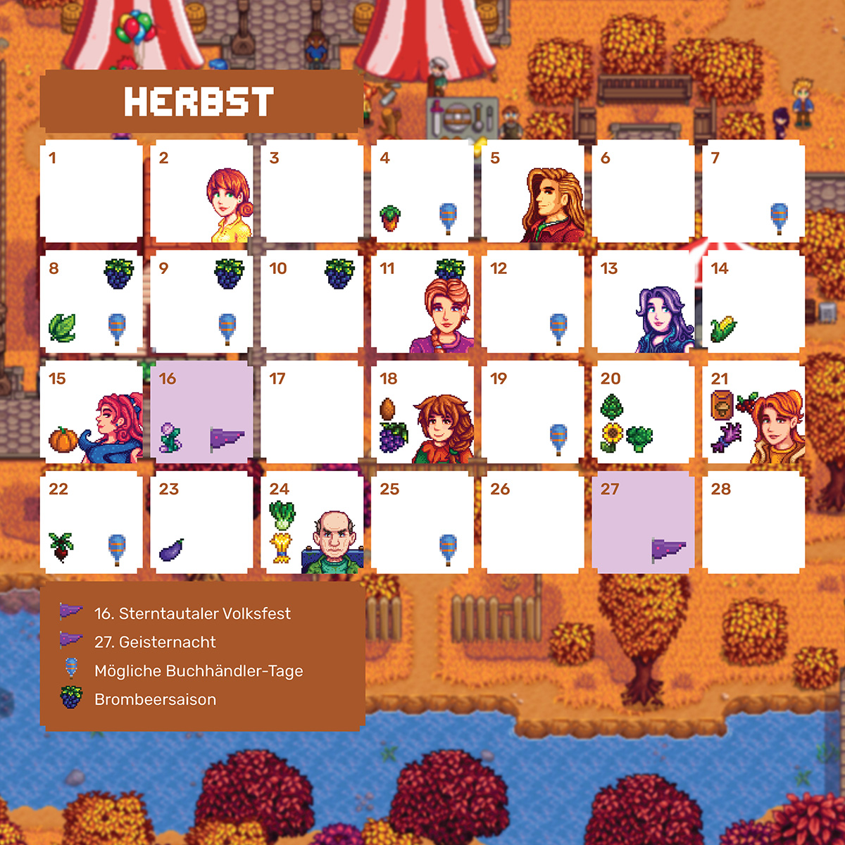 Kalender mit Herbstbildern, Charakteren und Beeren.