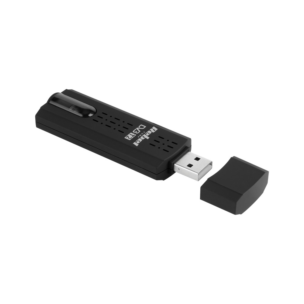 Czarny klucz USB DVB-T2 z zdjętym wieczkiem, pokazujący złącze USB.