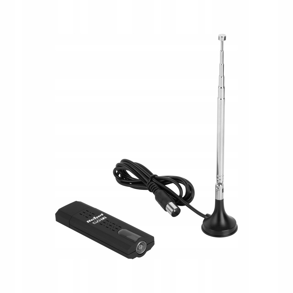 Czarny pendrive DVB-T z anteną i kablem na białym tle.