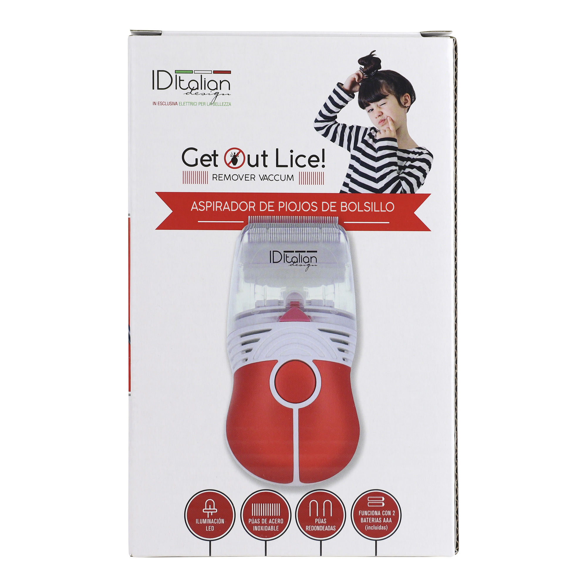 Box with a red and white lice remover device, and an illustration of a child.