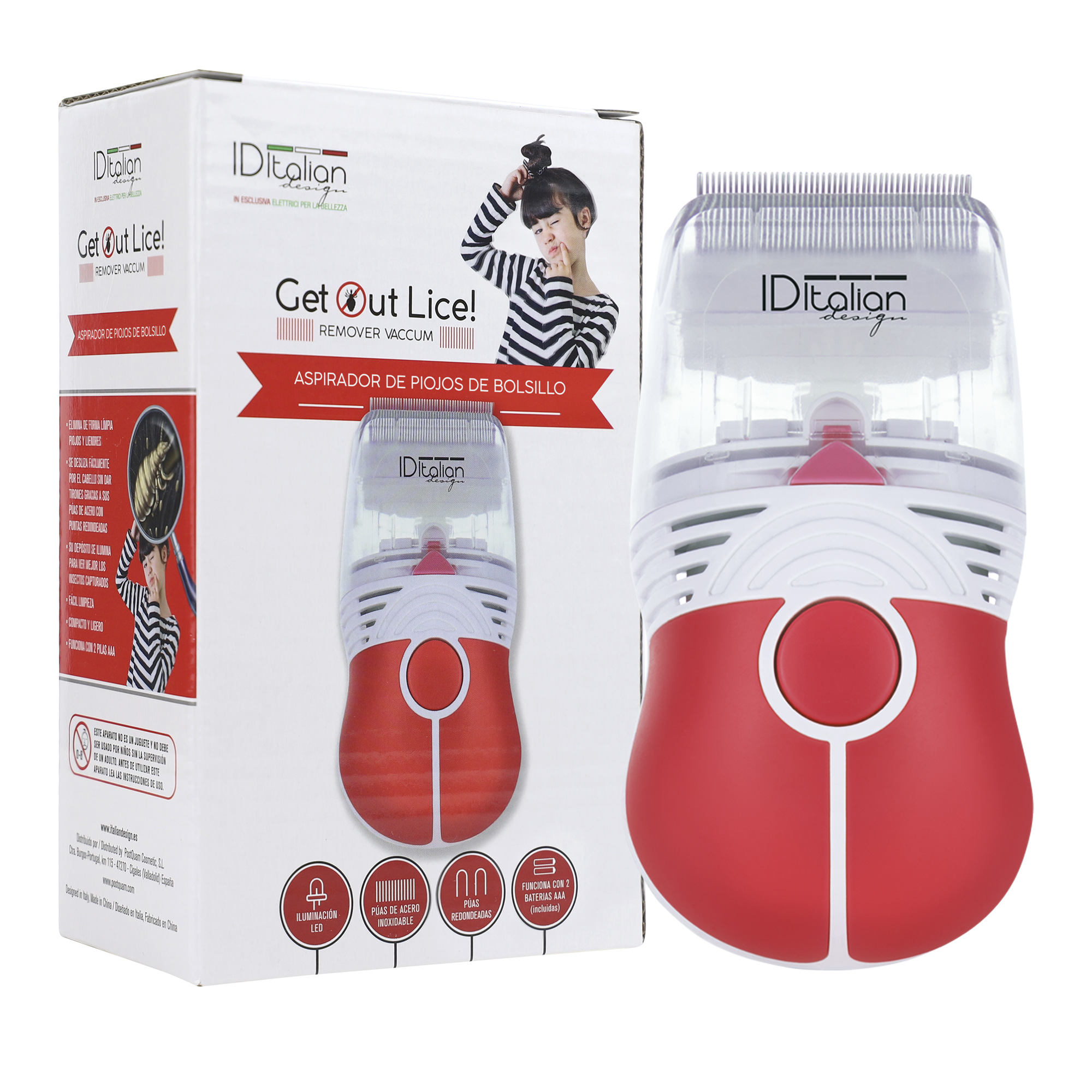 A red and white IDItalian Design lice comb vacuum sits next to its packaging.