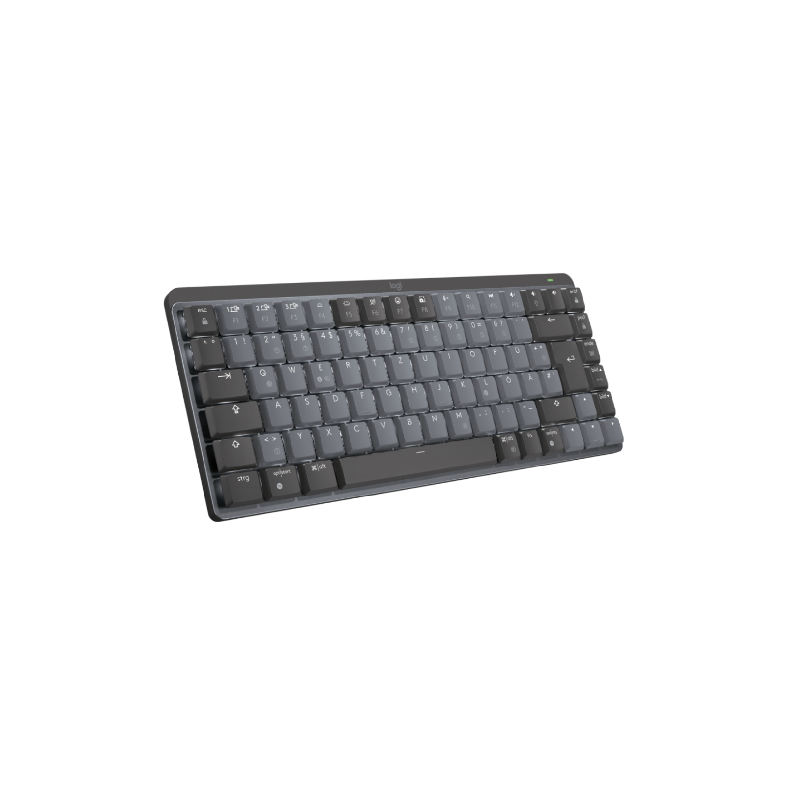Eine graue Logitech Tastatur mit dunklen und hellgrauen Tasten auf weißem Hintergrund.