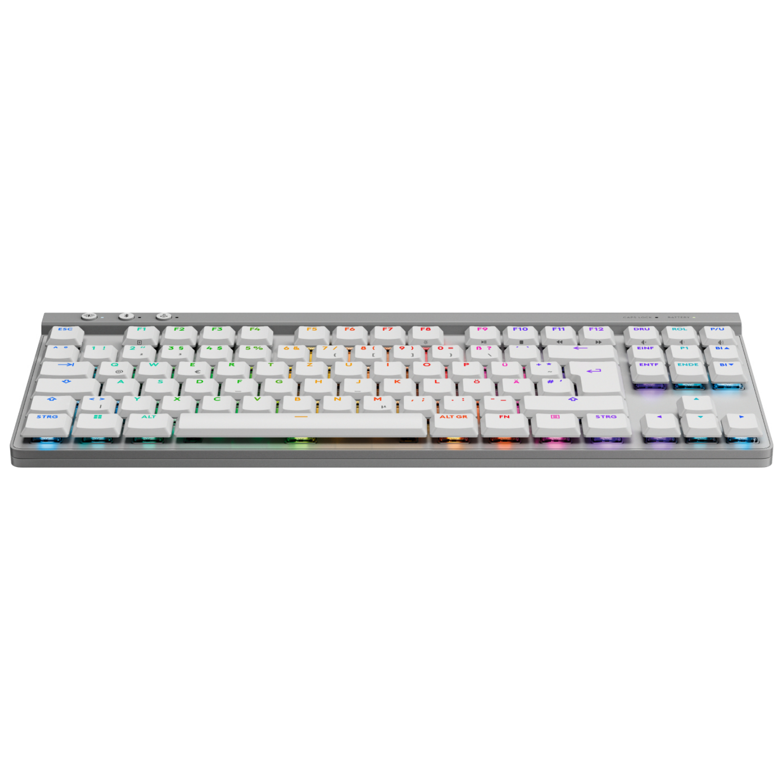 Biała klawiatura mechaniczna z szarymi klawiszami i podświetleniem RGB.