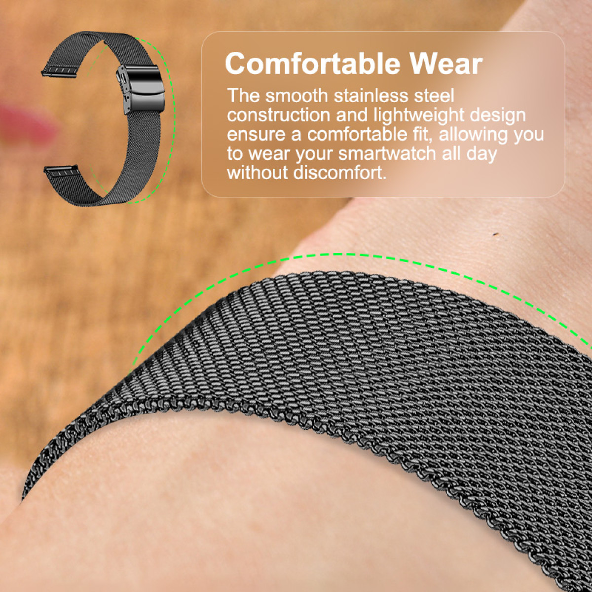 Czarna, siatkowa bransoleta zegarka ze stali nierdzewnej na nadgarstku.