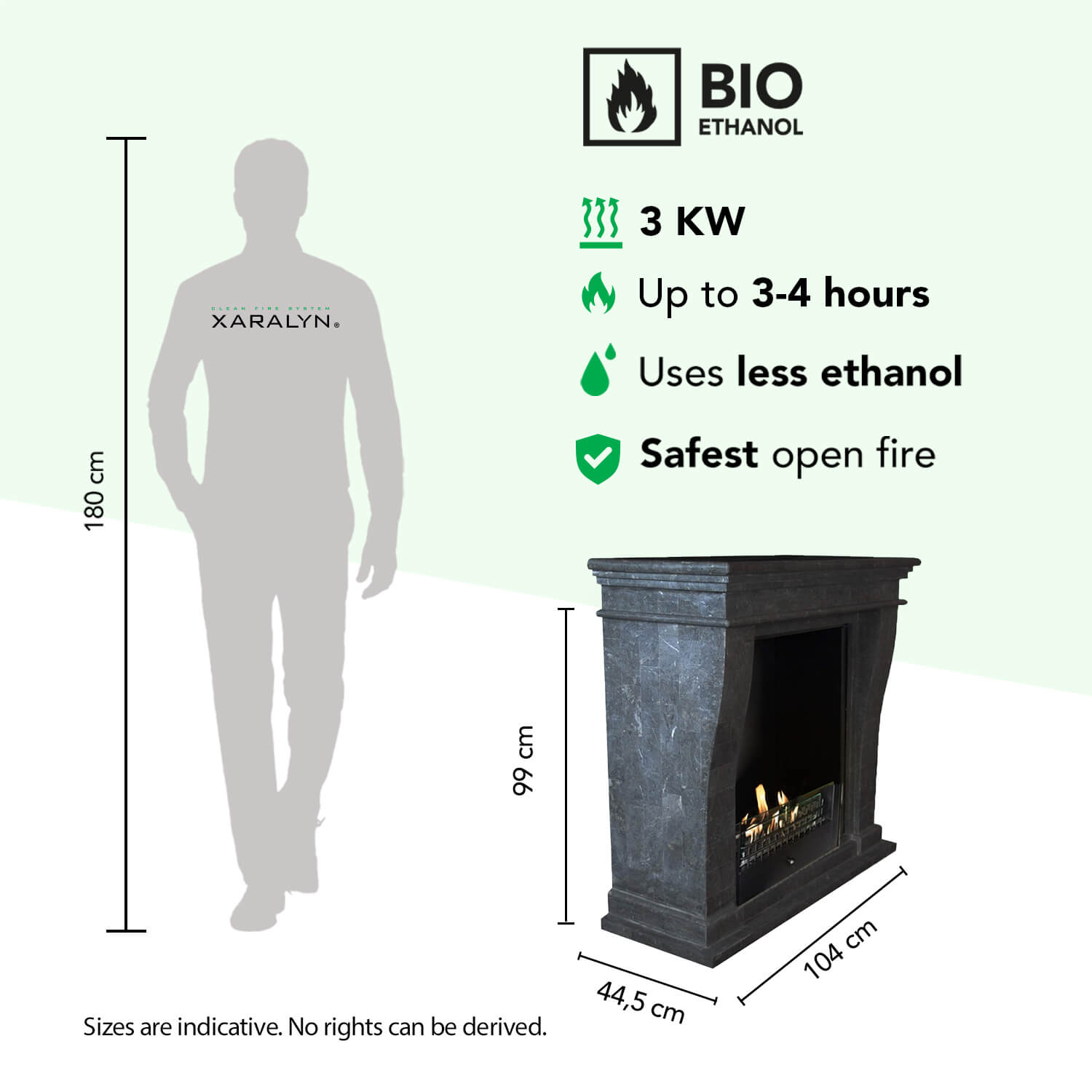 Een man (180 cm) naast een bio-ethanol haard (99 cm hoog).