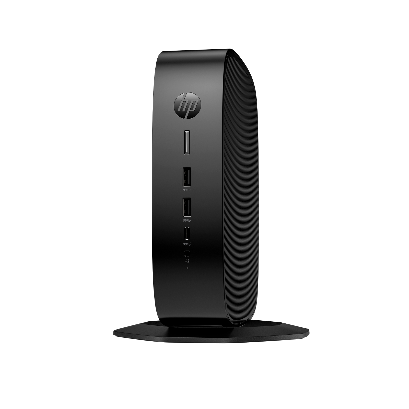 Un Mini PC HP nero su supporto con porte USB e logo HP.