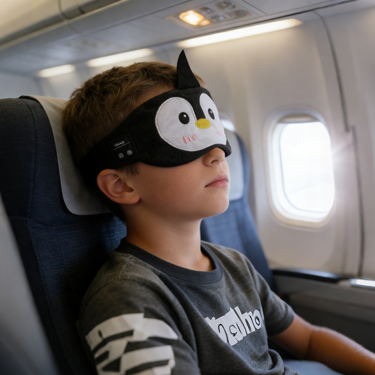 Chłopiec w masce do spania pingwina na fotelu samolotowym.