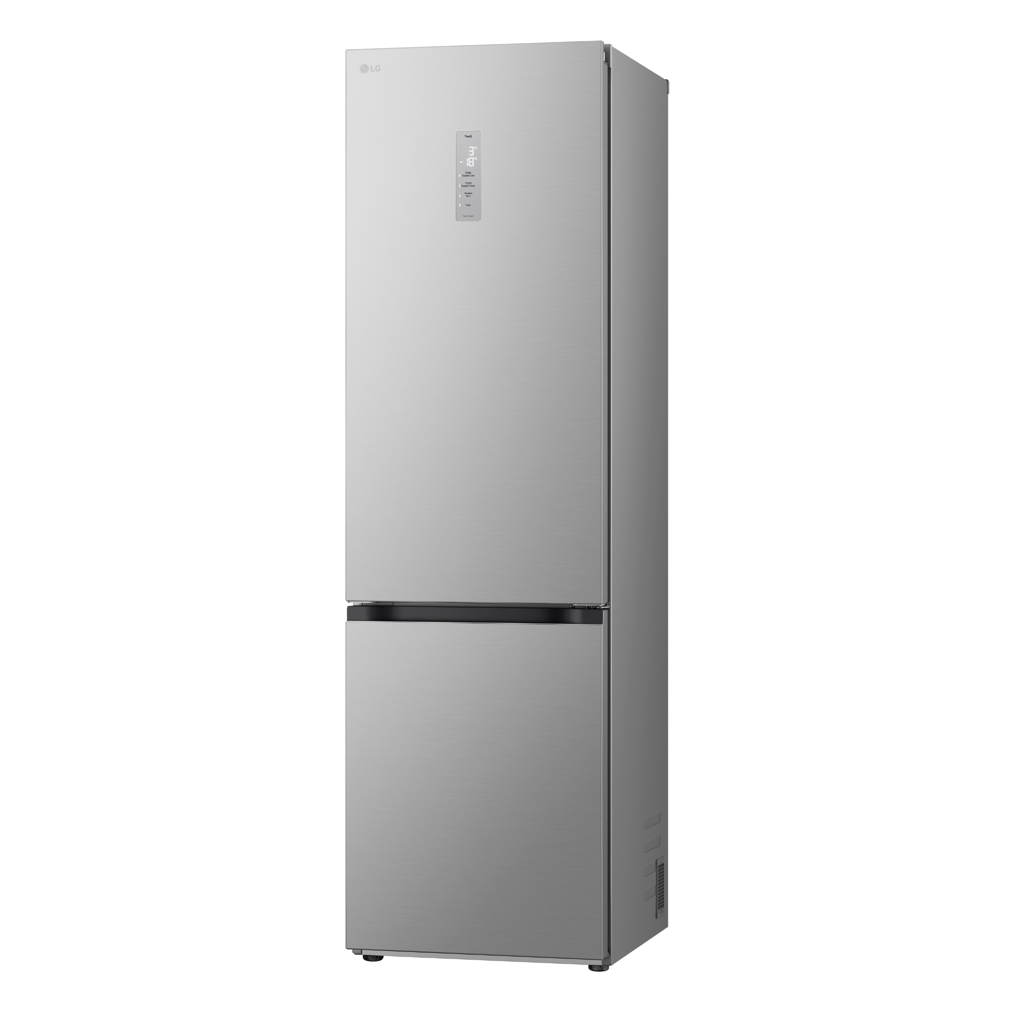 Ein silberner LG Kühlschrank mit Gefrierfach und digitaler Anzeige.