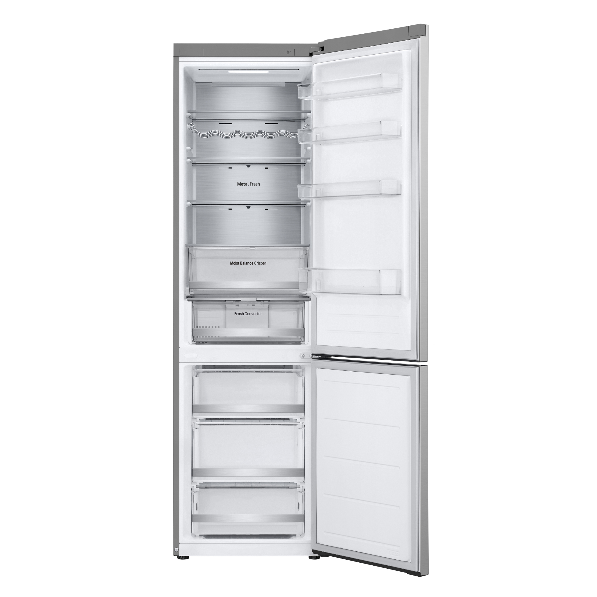 Offener silberner Kühlschrank mit mehreren Glasböden und Schubladen.
