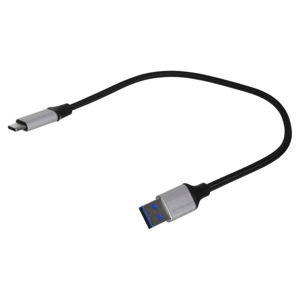 Czarny kabel USB-C do USB-A ze srebrnymi złączami na białym tle.