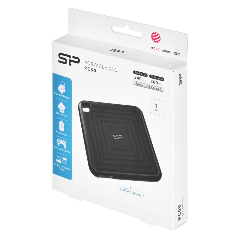 Opakowanie SP Portable SSD PC60 z widocznym czarnym dyskiem SSD. Cechy: zamek, wstrząsoodporny, kieszonkowy.