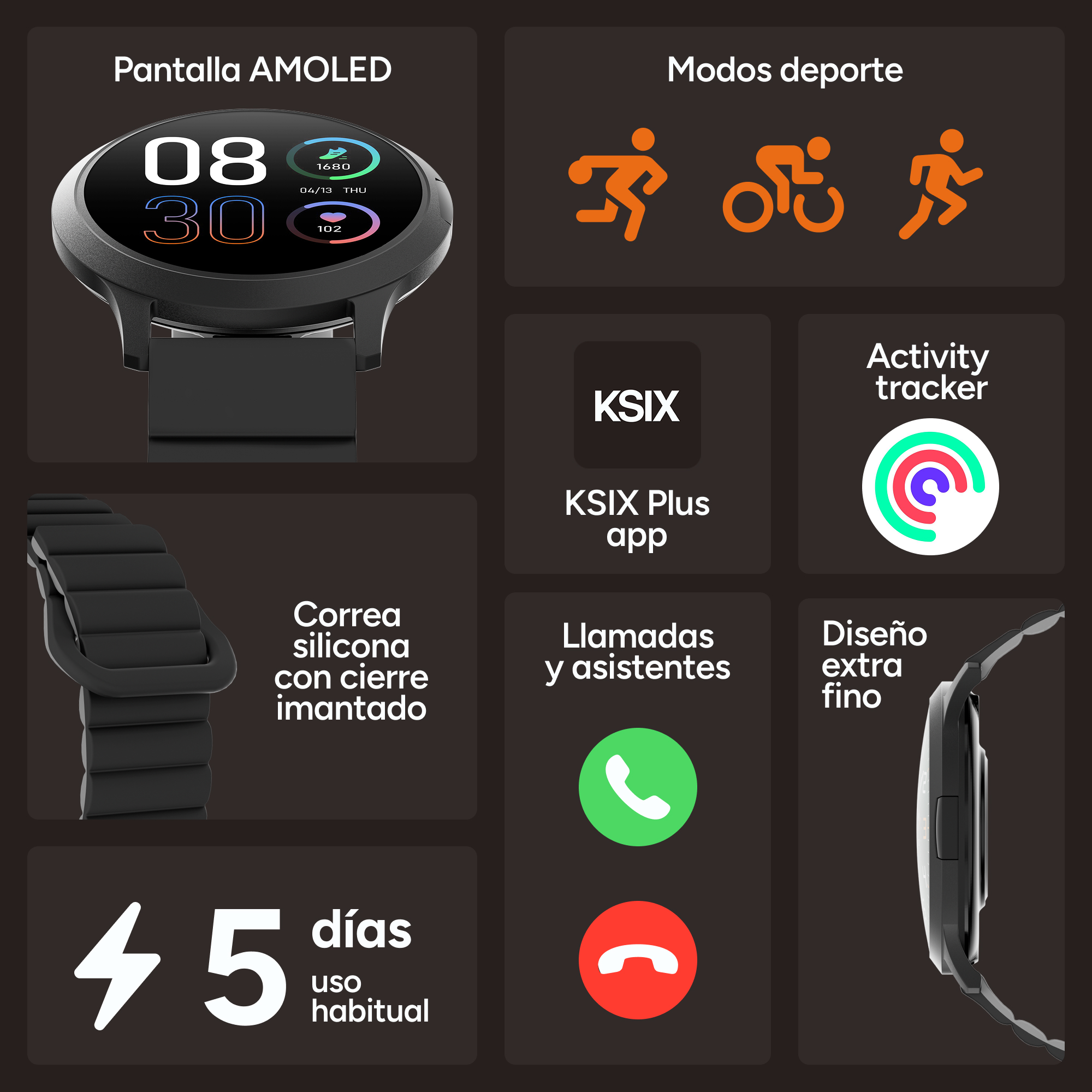 Smartwatch con pantalla AMOLED, modos deportivos, rastreador de actividad y app.