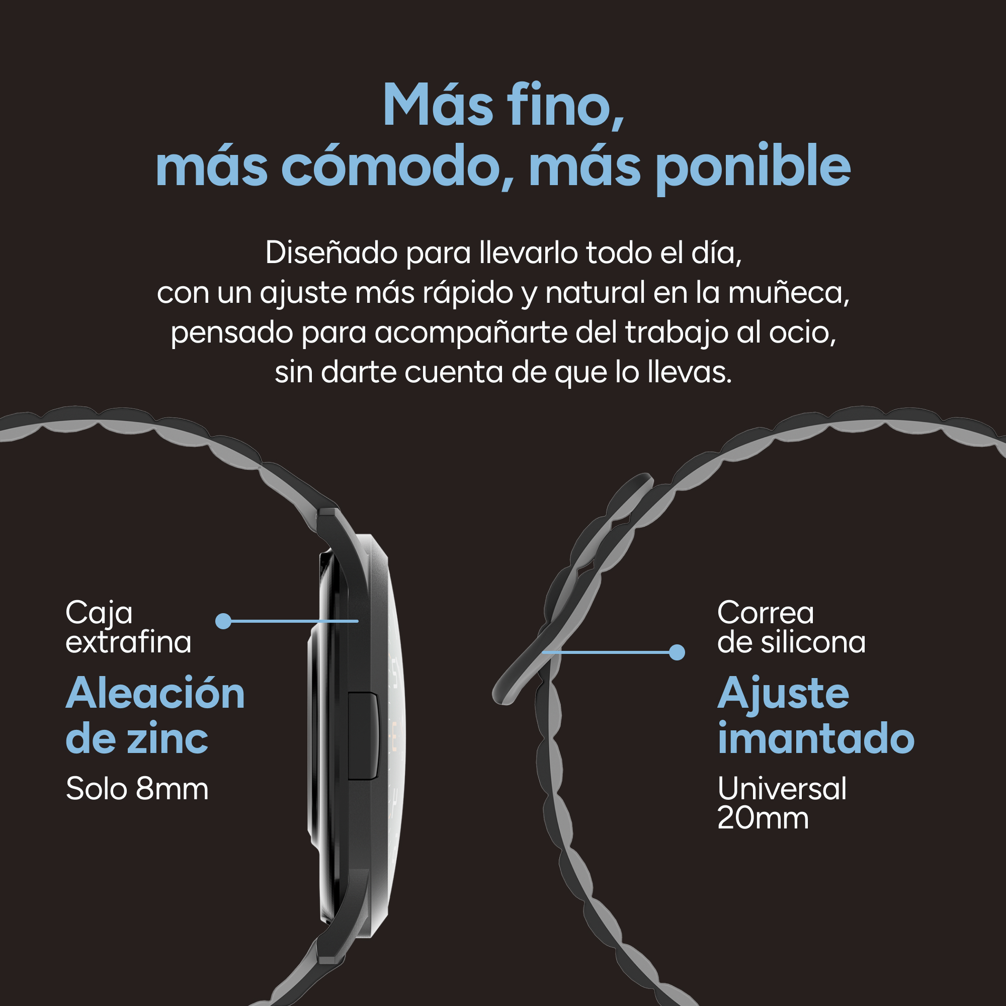 Reloj con caja fina de aleación de zinc y correa de silicona ajustable.