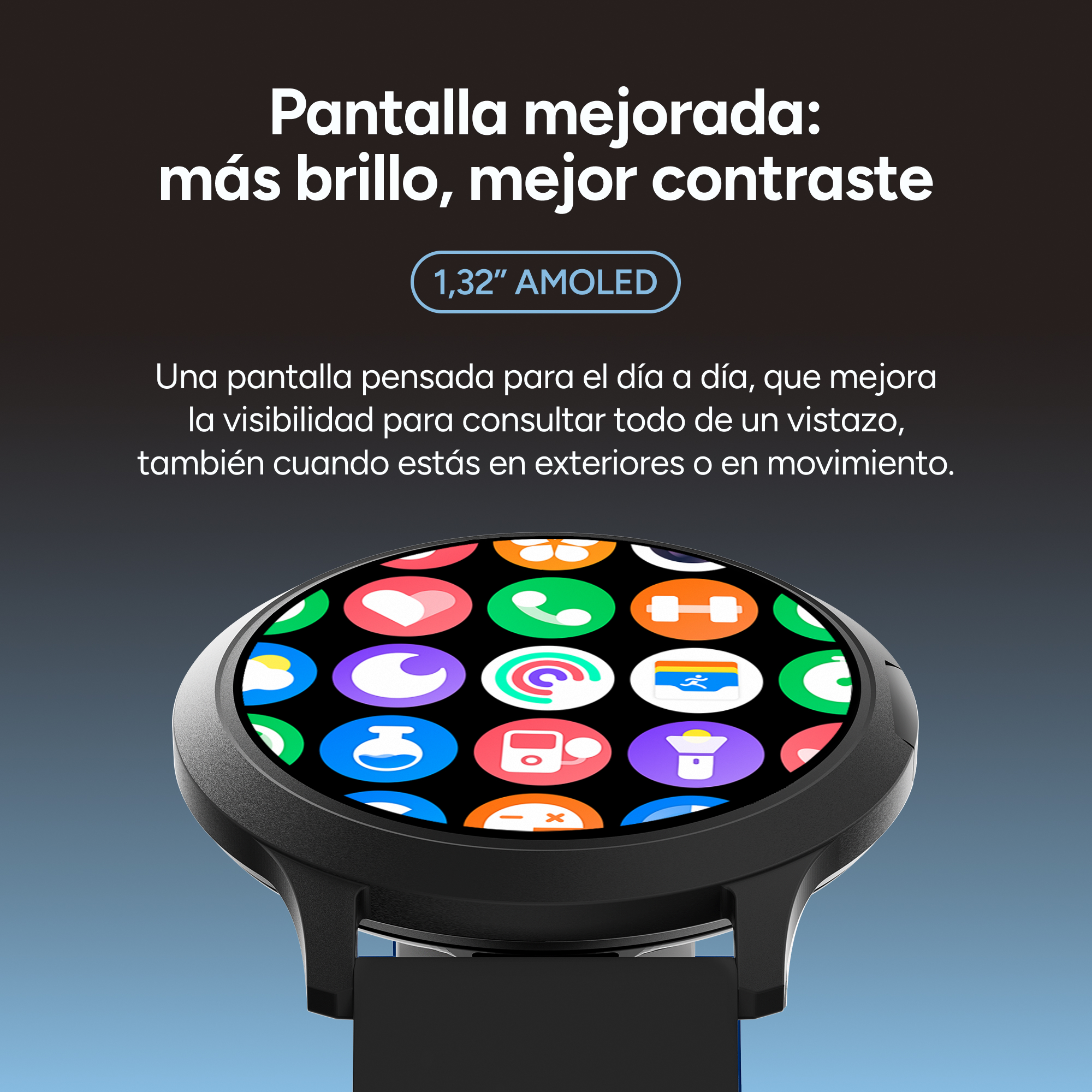 Un reloj inteligente con pantalla AMOLED de 1,32" que muestra iconos de apps.