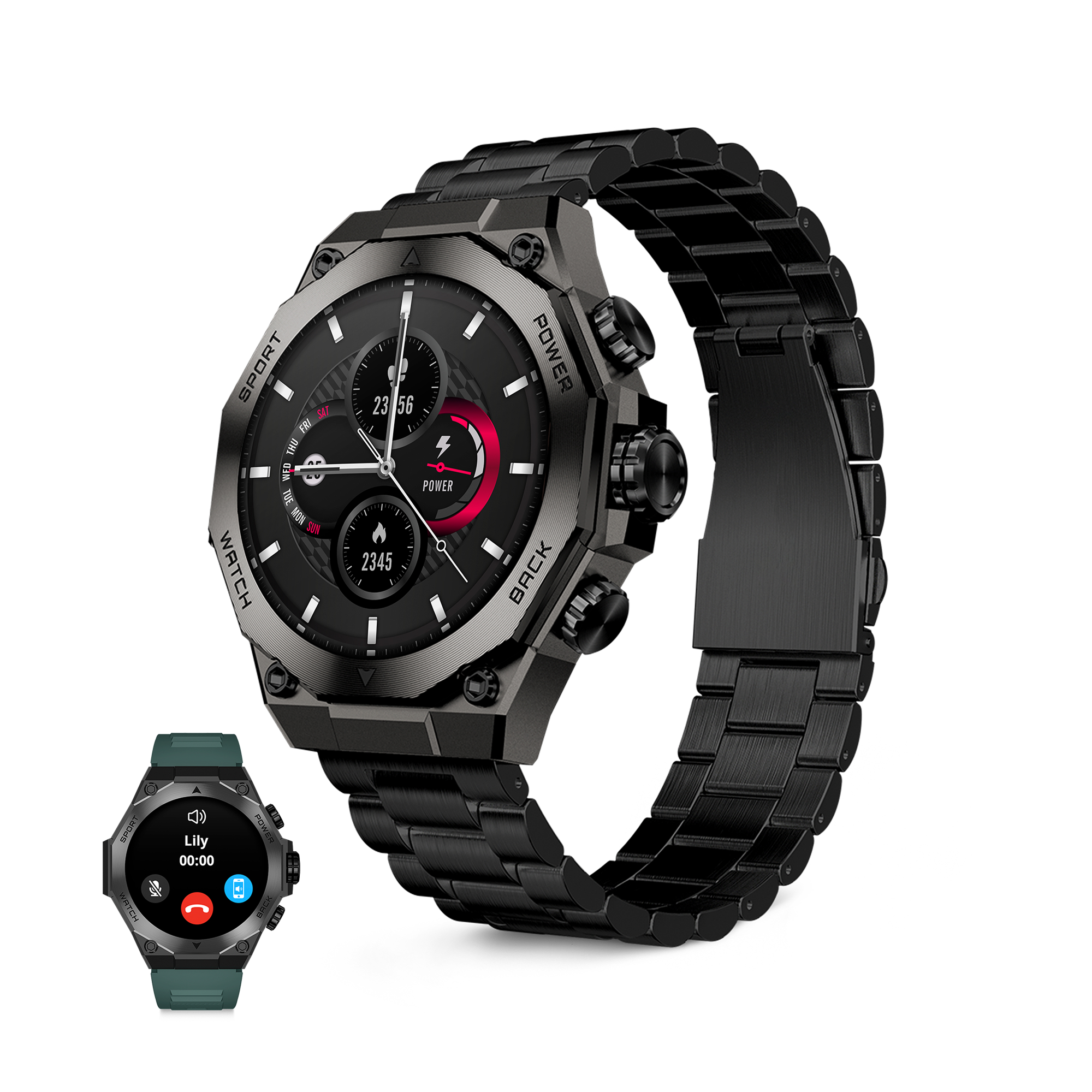 Dos smartwatches: una negra con correa metálica, una verde mostrando pantalla de llamada.