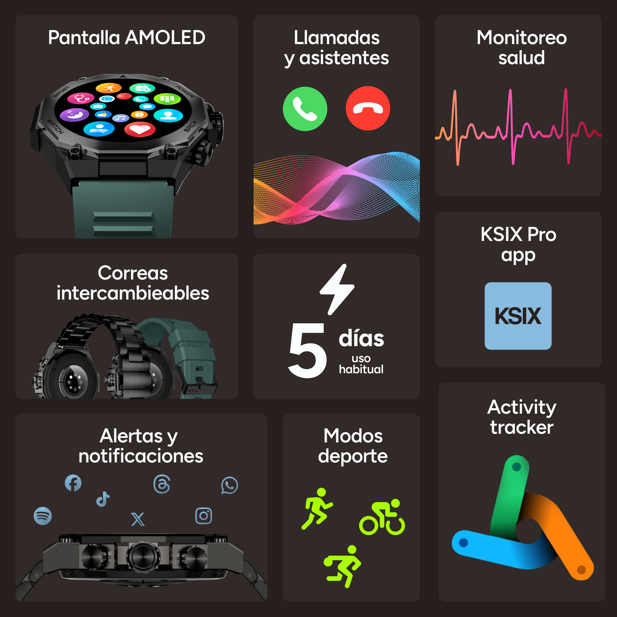 Funciones del smartwatch: pantalla AMOLED, llamadas, seguimiento salud, correas intercambiables, 5 días batería, modos deporte, app.