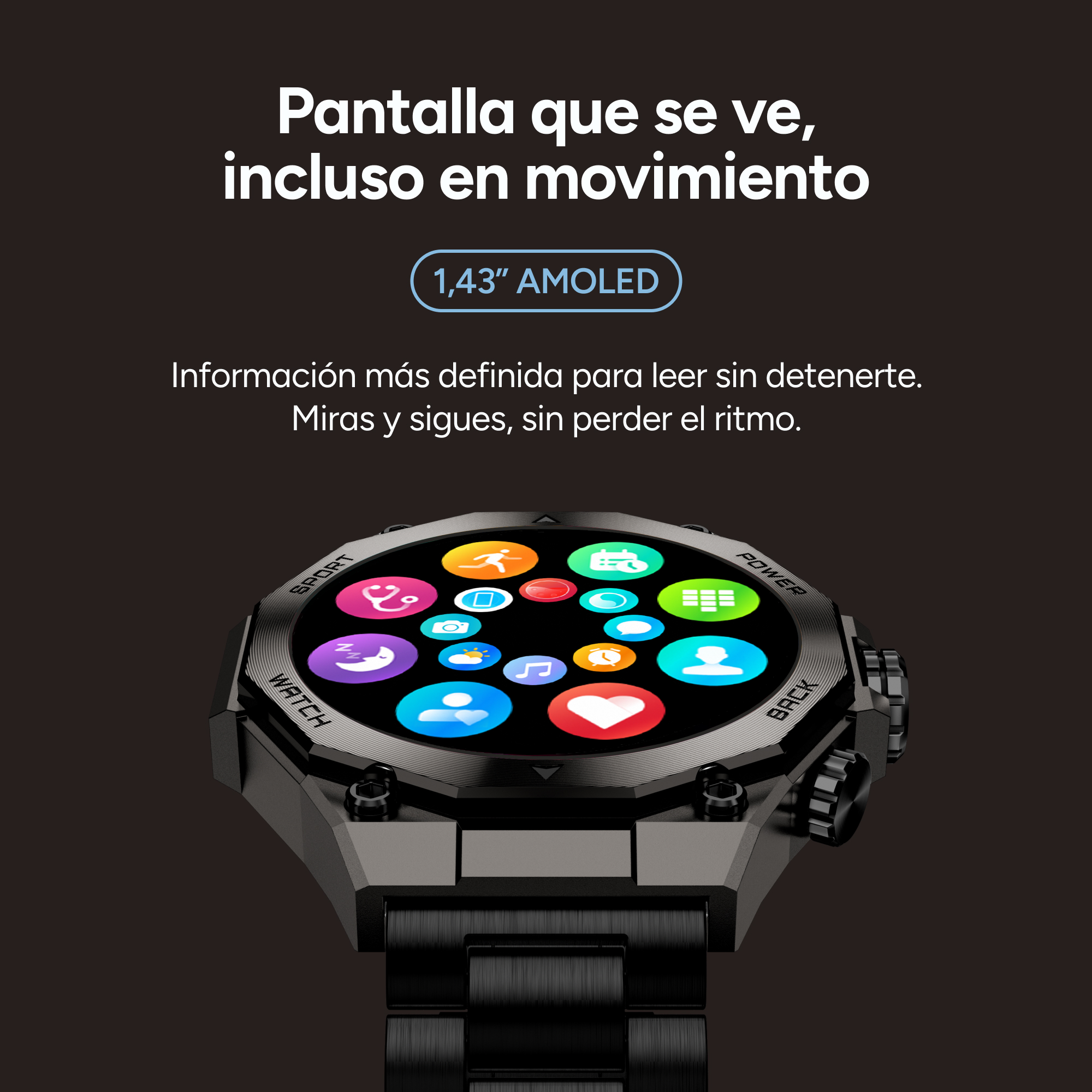Un reloj inteligente con caja oscura y muchos iconos de apps coloridos en pantalla.
