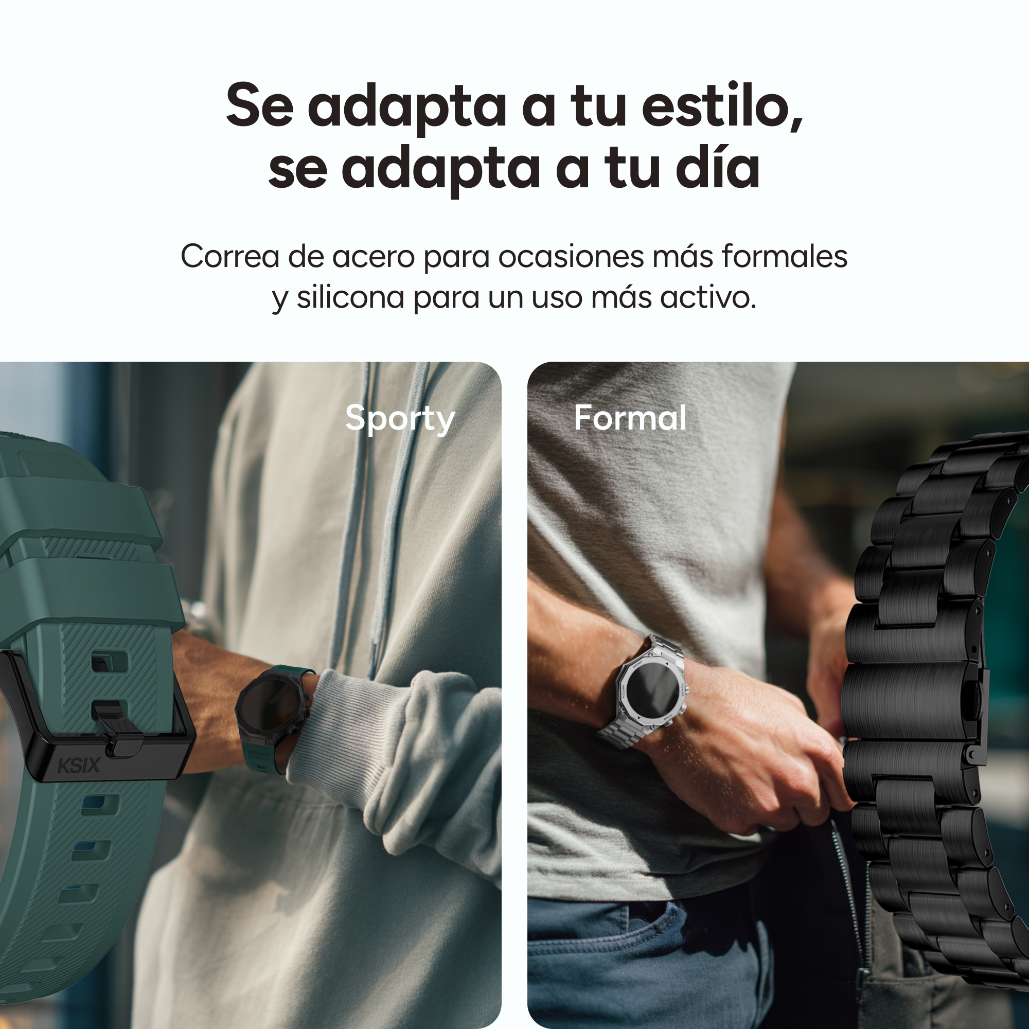 Dos correas de reloj: verde, deportiva y negra, formal.