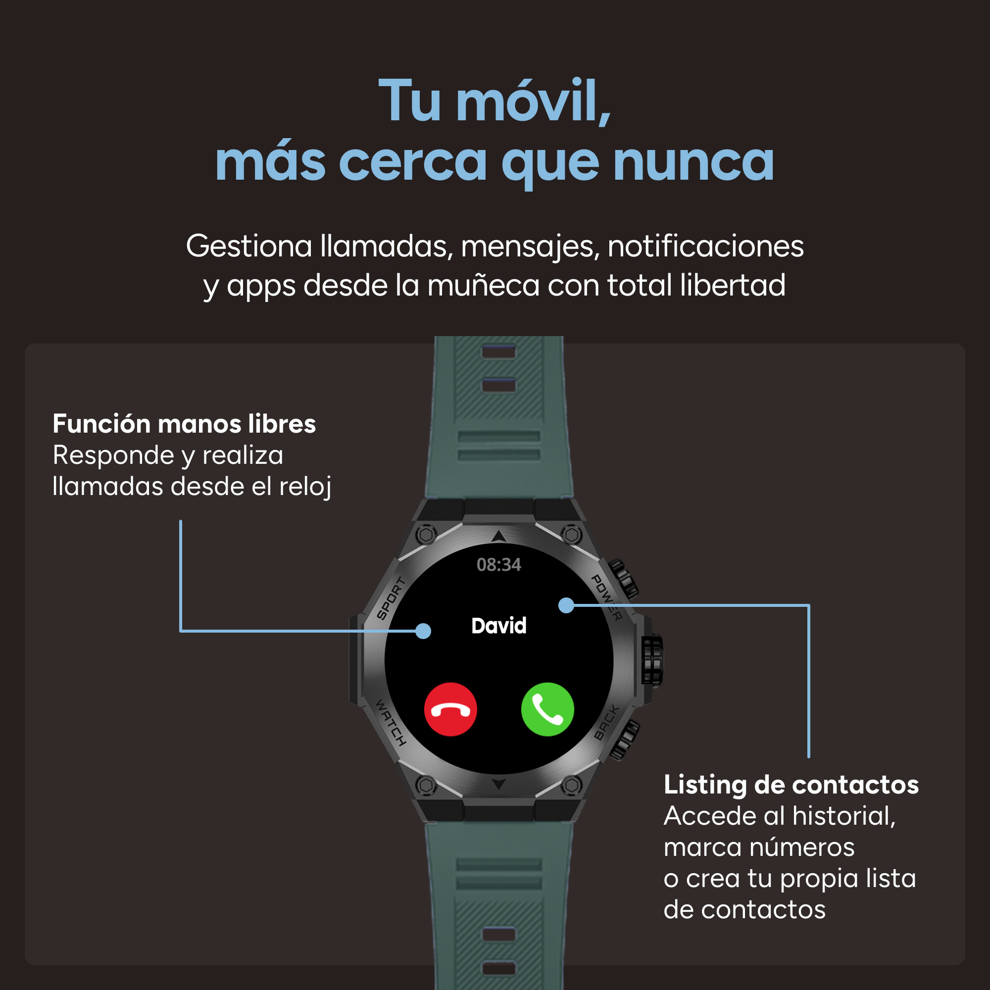Un reloj inteligente verde con pantalla oscura mostrando una llamada entrante a David.