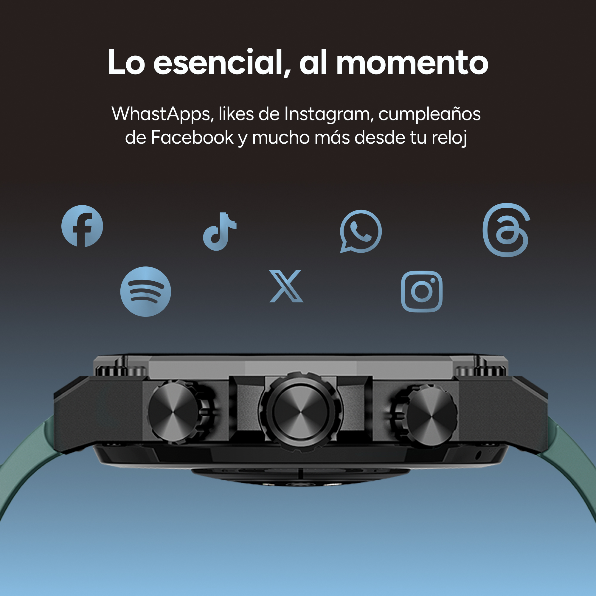 Reloj inteligente con iconos de redes sociales: Facebook, Spotify, TikTok, WhatsApp, X.