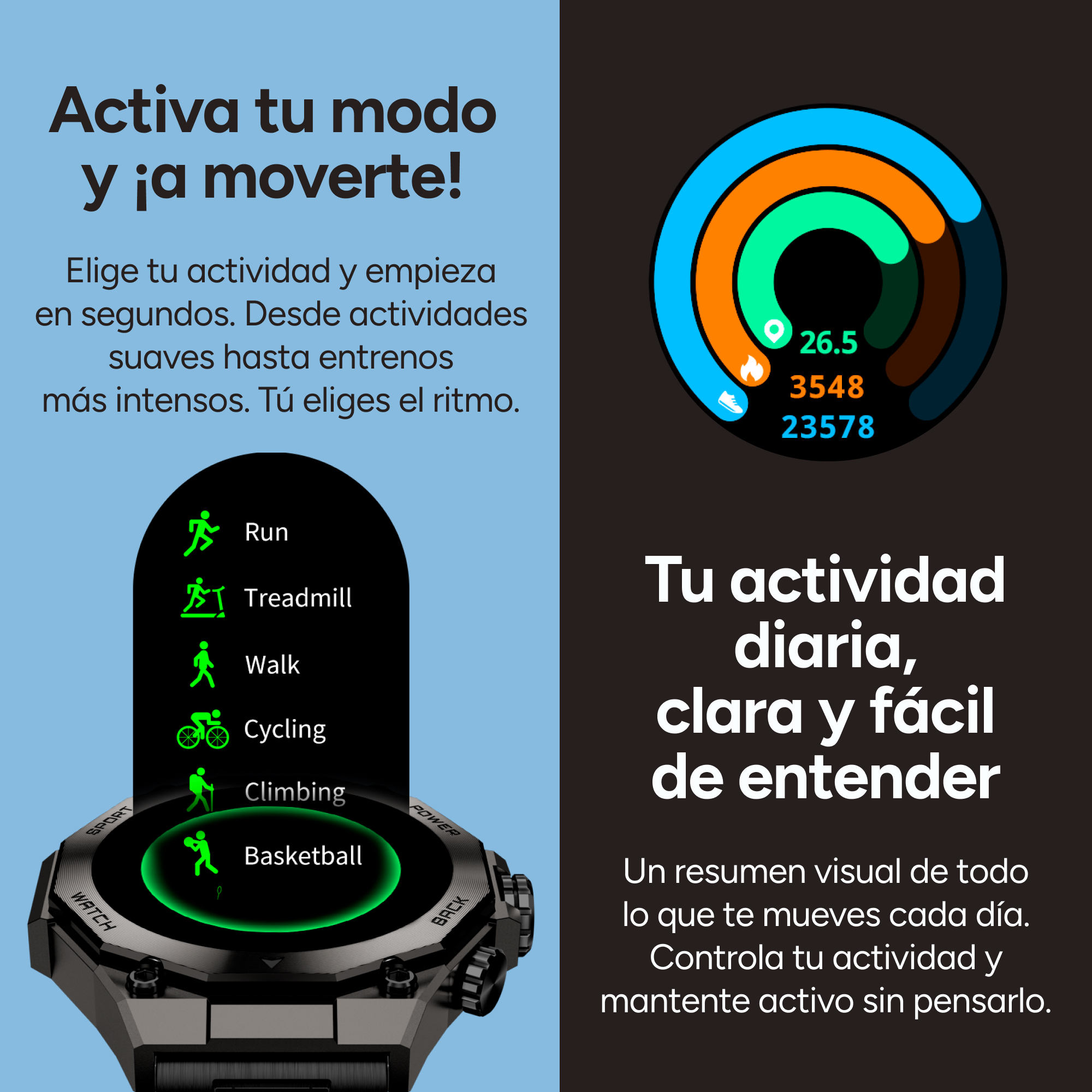 Reloj inteligente muestra opciones de actividad y resumen diario. Iconos: Correr, Ciclismo.