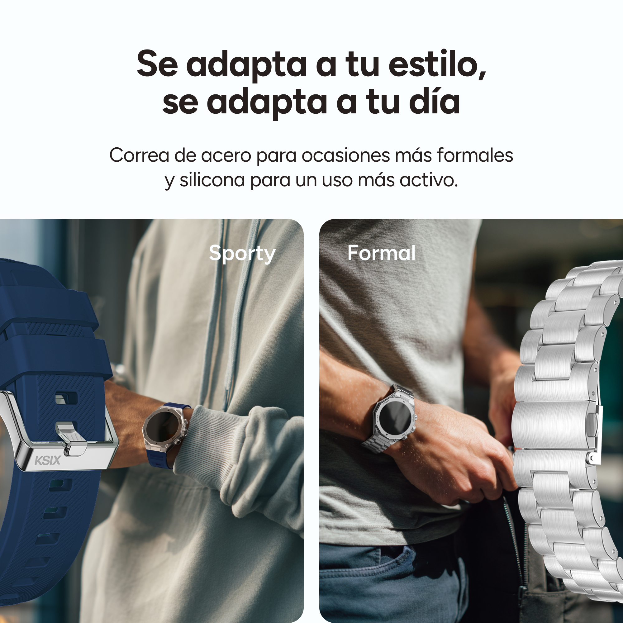 Zegarek z niebieskim silikonowym i srebrnym metalowym paskiem. Styl sportowy i formalny.