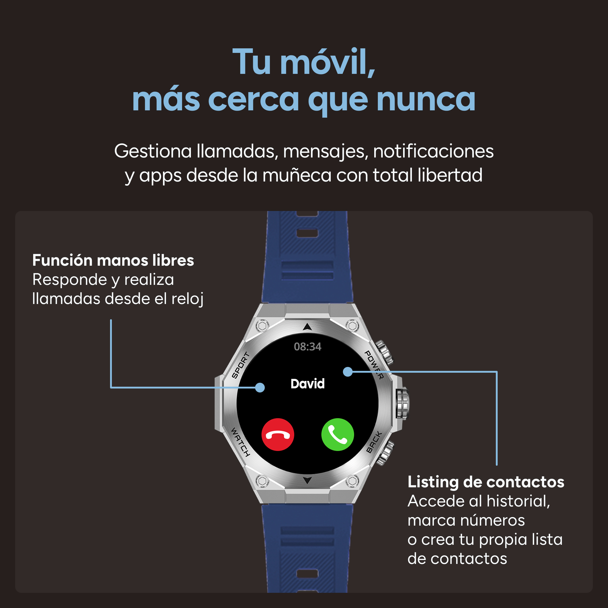 Srebrny smartwatch z niebieskim paskiem pokazuje ekran połączenia przychodzącego.