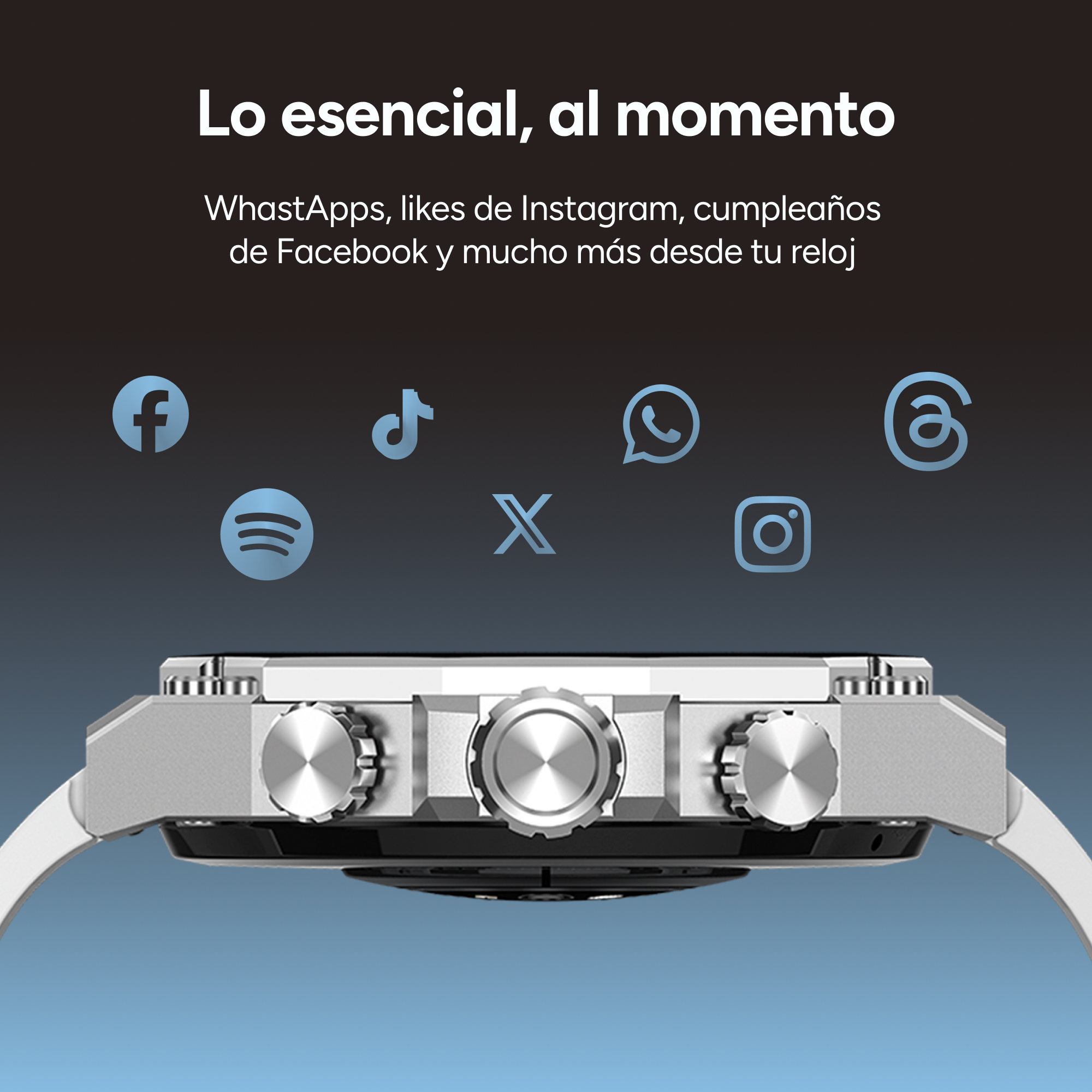 Smartwatch z ikonami mediów społecznościowych: Facebook, Spotify, TikTok, WhatsApp, X.