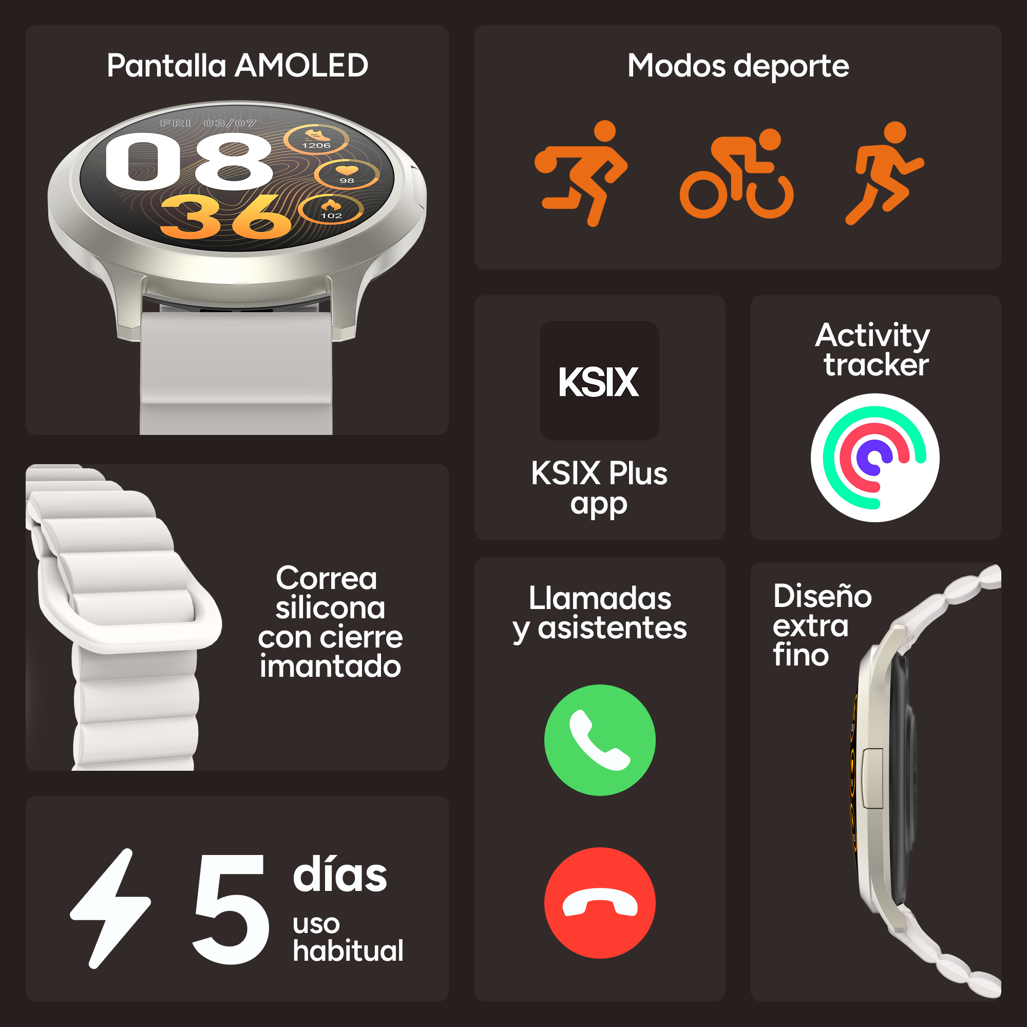 Reloj AMOLED con modos deporte, rastreador actividad, app, llamadas y 45 días batería.
