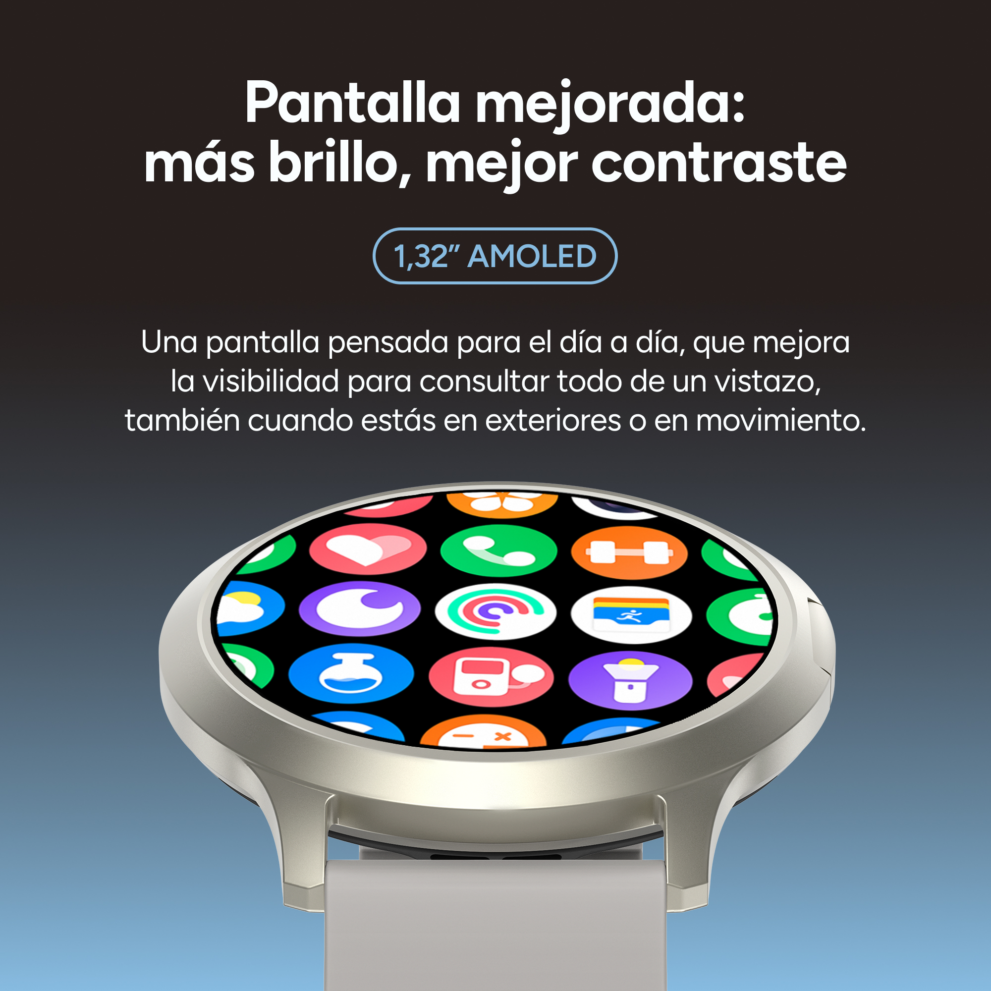 Reloj inteligente plateado con iconos de apps coloridos en su pantalla AMOLED.