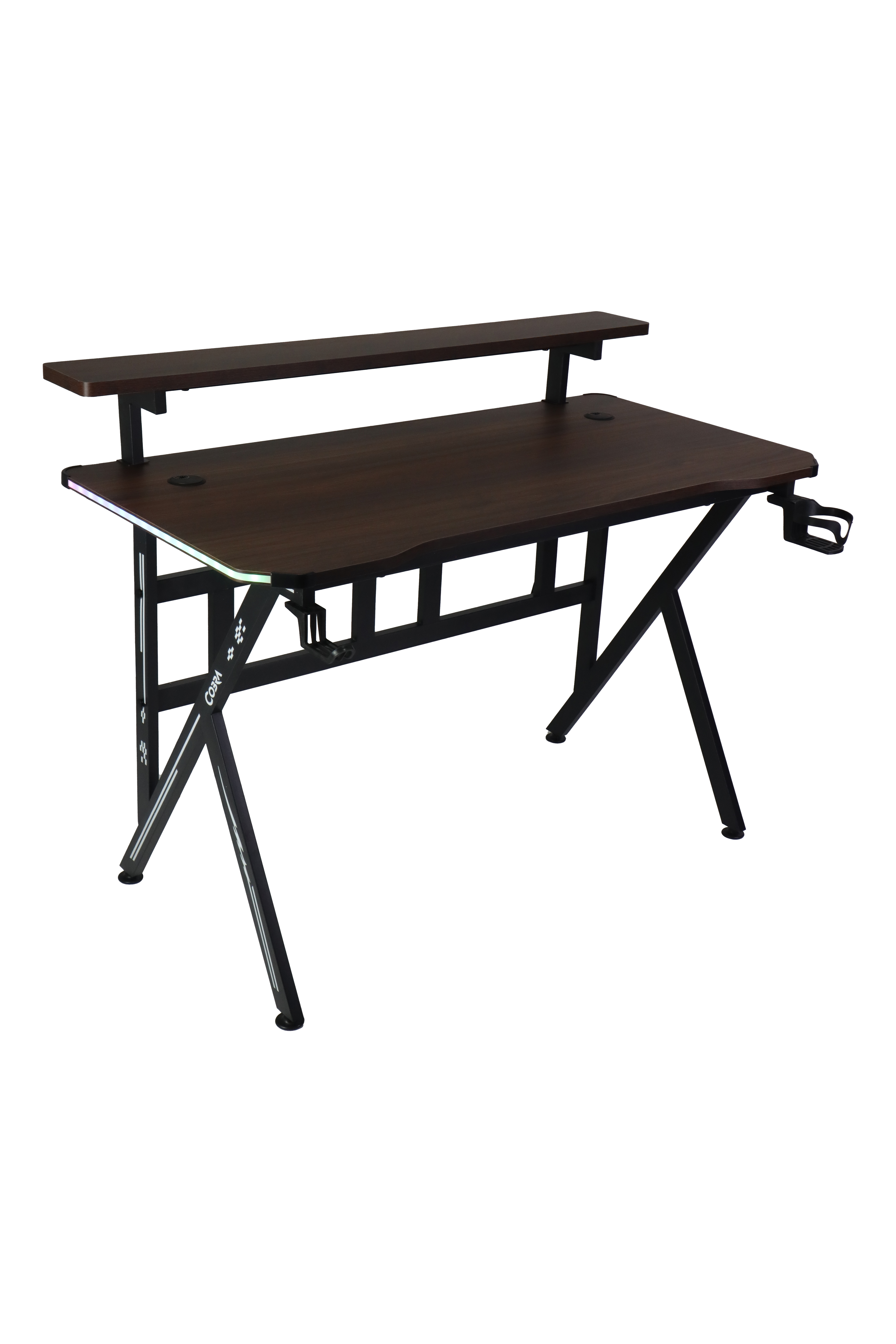 Mroczne drewniane biurko z górną półką i srebrnymi akcentami.