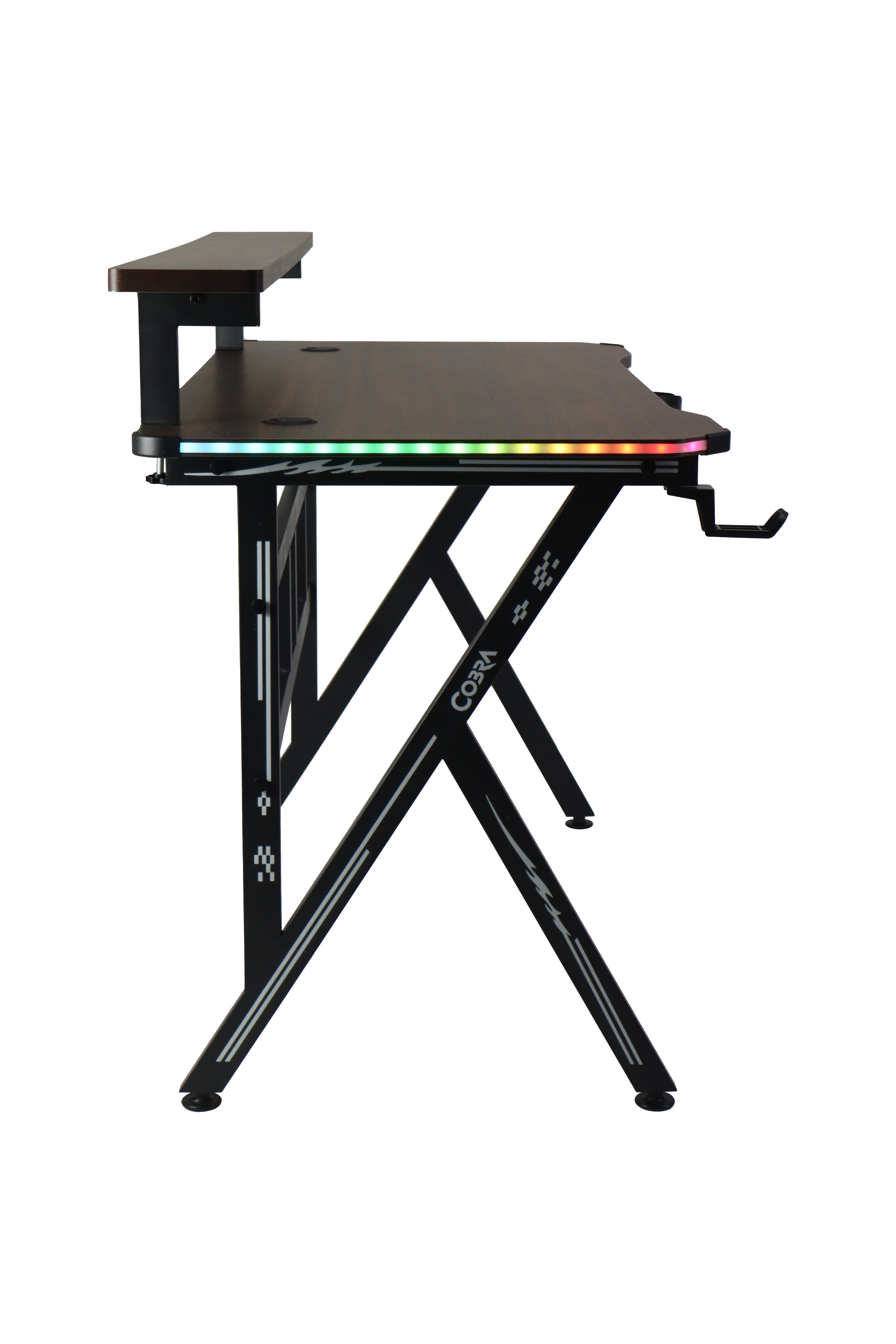 Czarny biurko gamingowe z oświetleniem RGB i haczykiem na słuchawki.